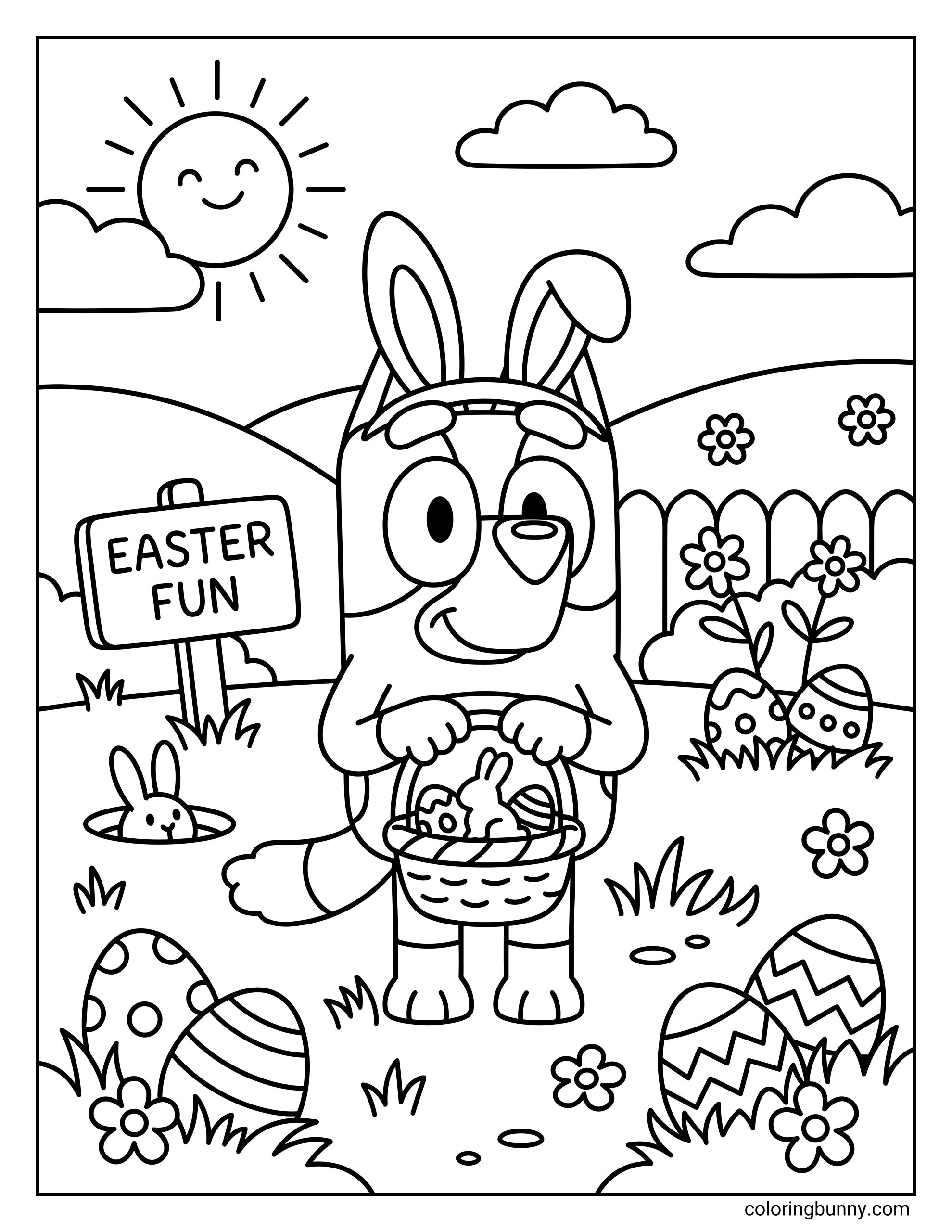 A fun Bluey Easter coloring sheet of Bluey standing outdoors with an Easter basket, surrounded by decorated eggs, flowers, grass, hills, a fence, and a little bunny peeking from a hole, with βEaster Funβ written on a sign.