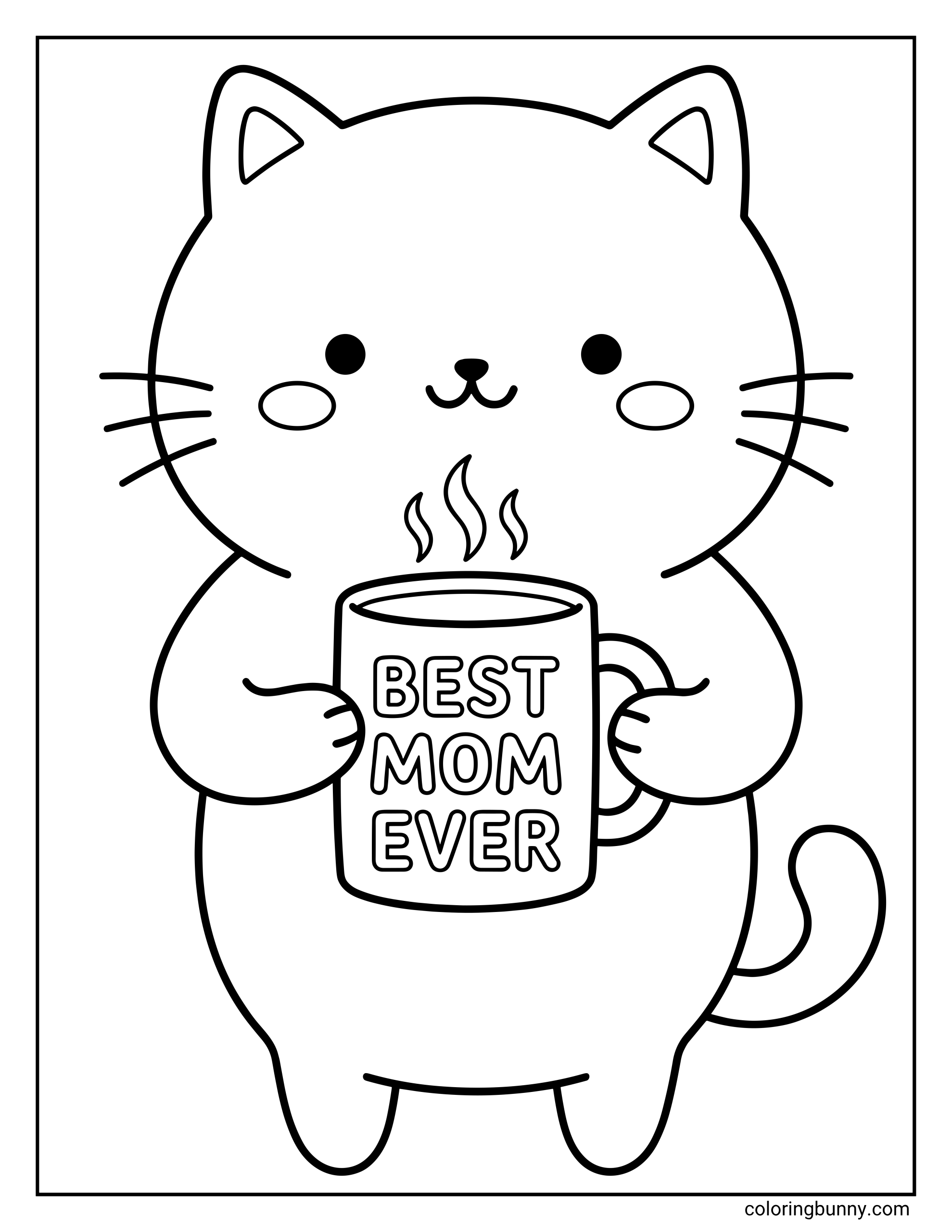 Cute Cat Mother's Day coloring page featuring a round, adorable cat with whiskers and rosy cheeks holding a large mug that says 'BEST MOM EVER' with three swirls of steam rising from the top.