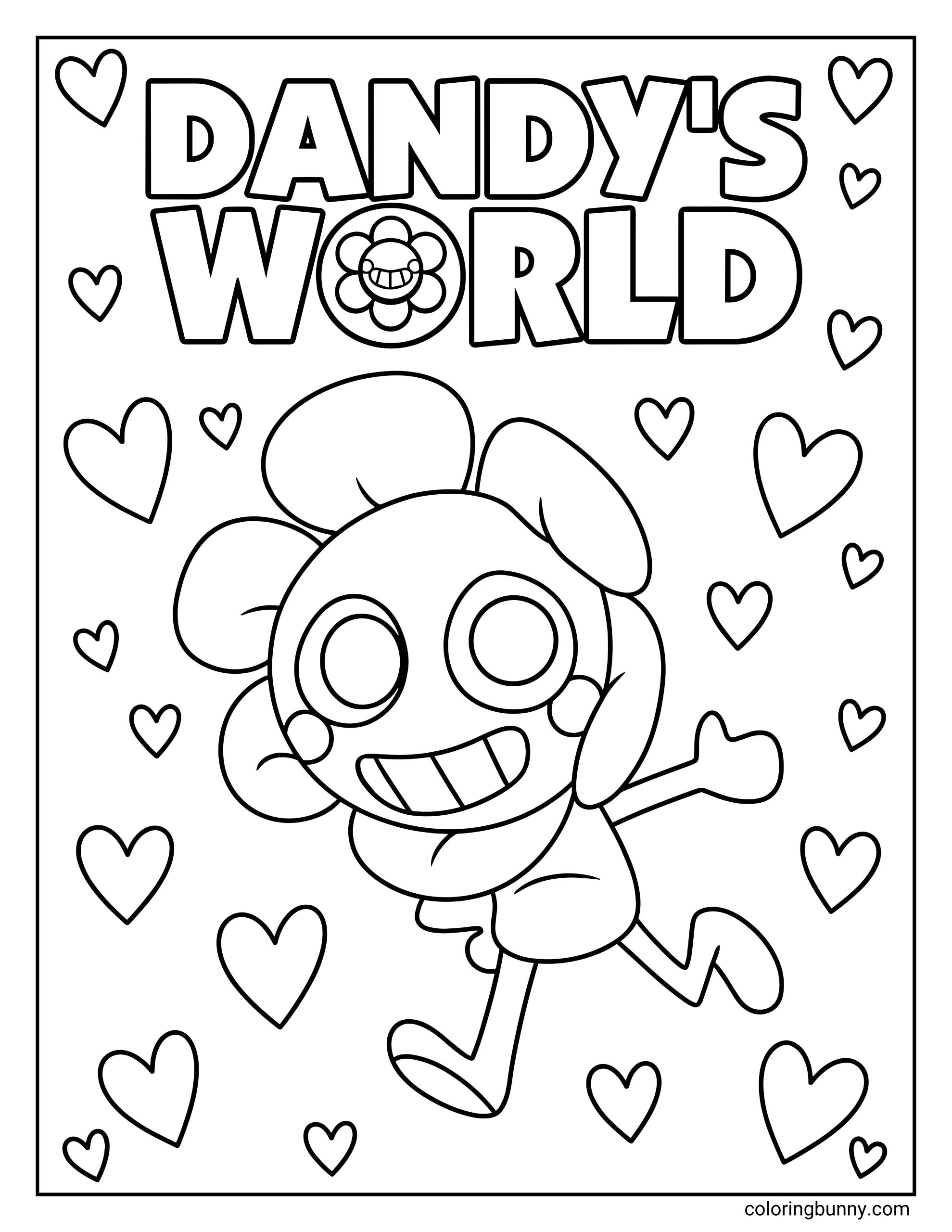 A Dandy’s World coloring sheet showing the Dandy’s World logo in large bold letters, a happy flower-faced character running below it, and hearts of different sizes filling the background.