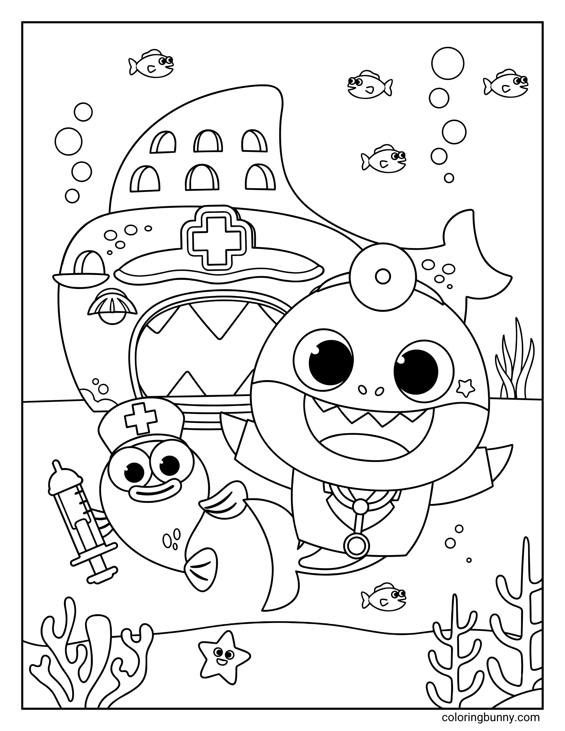 A simple coloring sheet of Doctor Baby Shark and Doctor William standing in front of an underwater hospital shaped like a fish, with bubbles, sea plants, a starfish, several small fish, and medical outfits.
