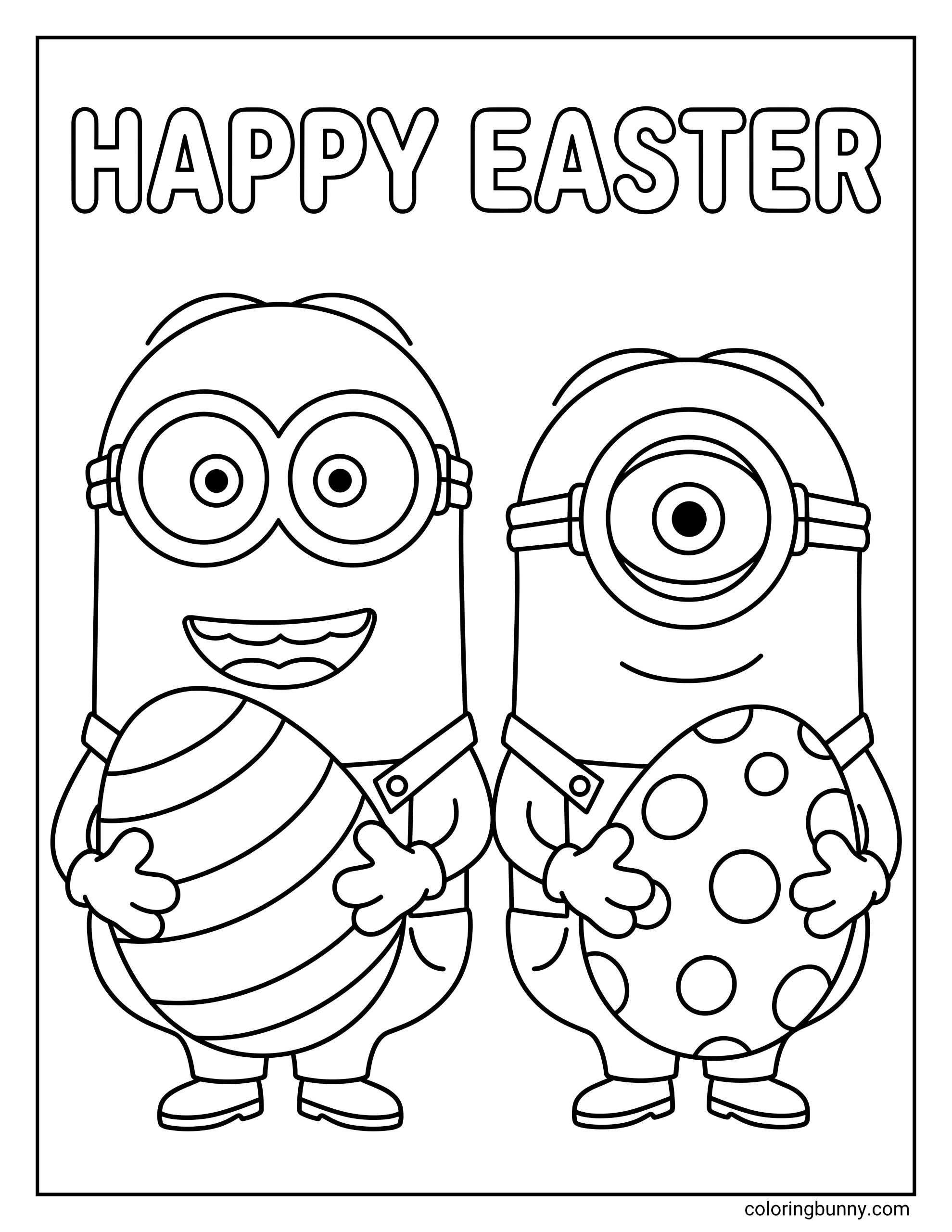 An Easter Minions coloring page featuring Kevin and Stuart holding large, decorated Easter eggs under the words "HAPPY EASTER." Kevin holds an egg with horizontal stripes while Stuart carries one covered in colorful polka dots.