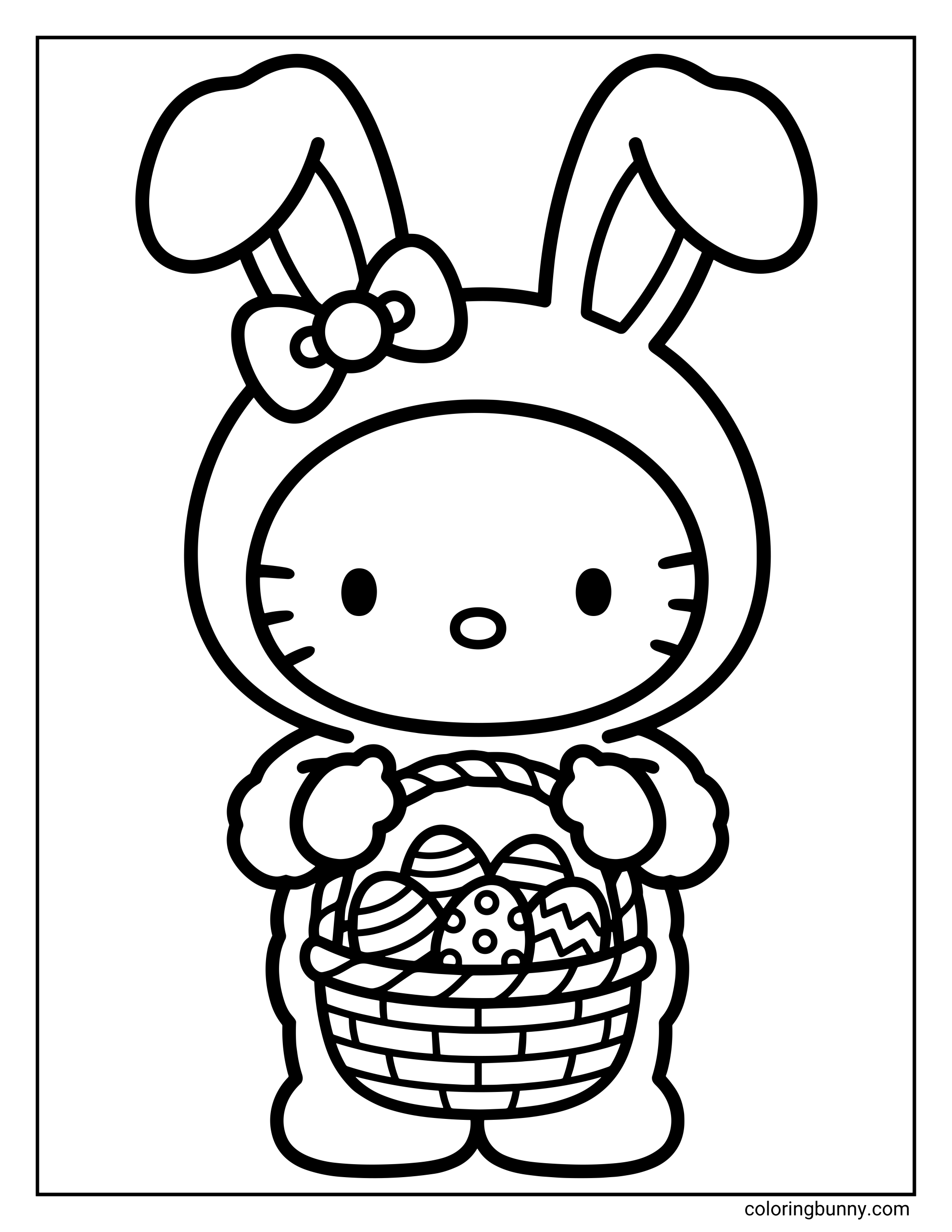 A cute coloring page of Hello Kitty dressed as an Easter bunny with long ears and a bow, holding a basket full of decorated Easter eggs.