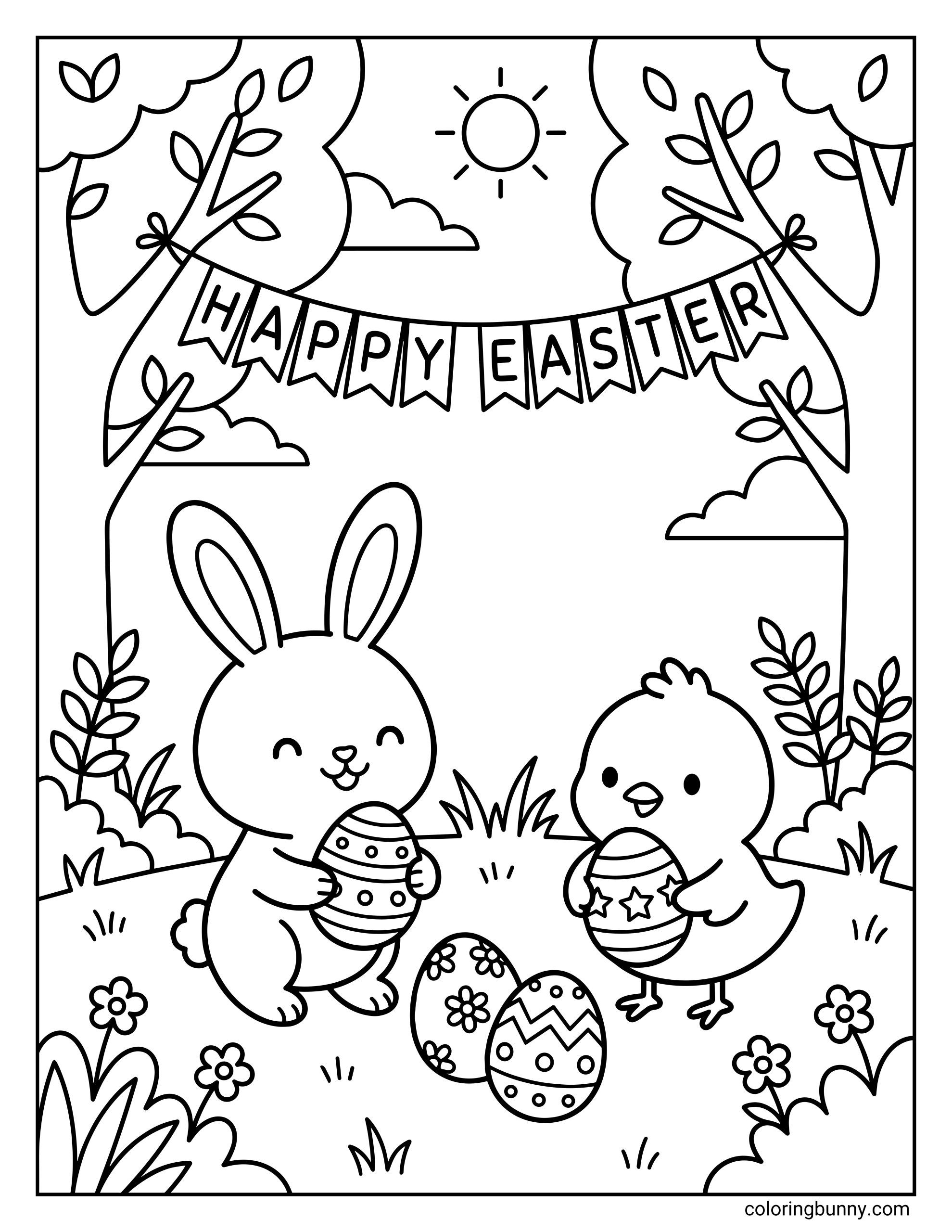 Simple Easter coloring page for kids featuring a cute bunny and a chick holding decorated eggs under a 'Happy Easter' banner in a forest with a sun.