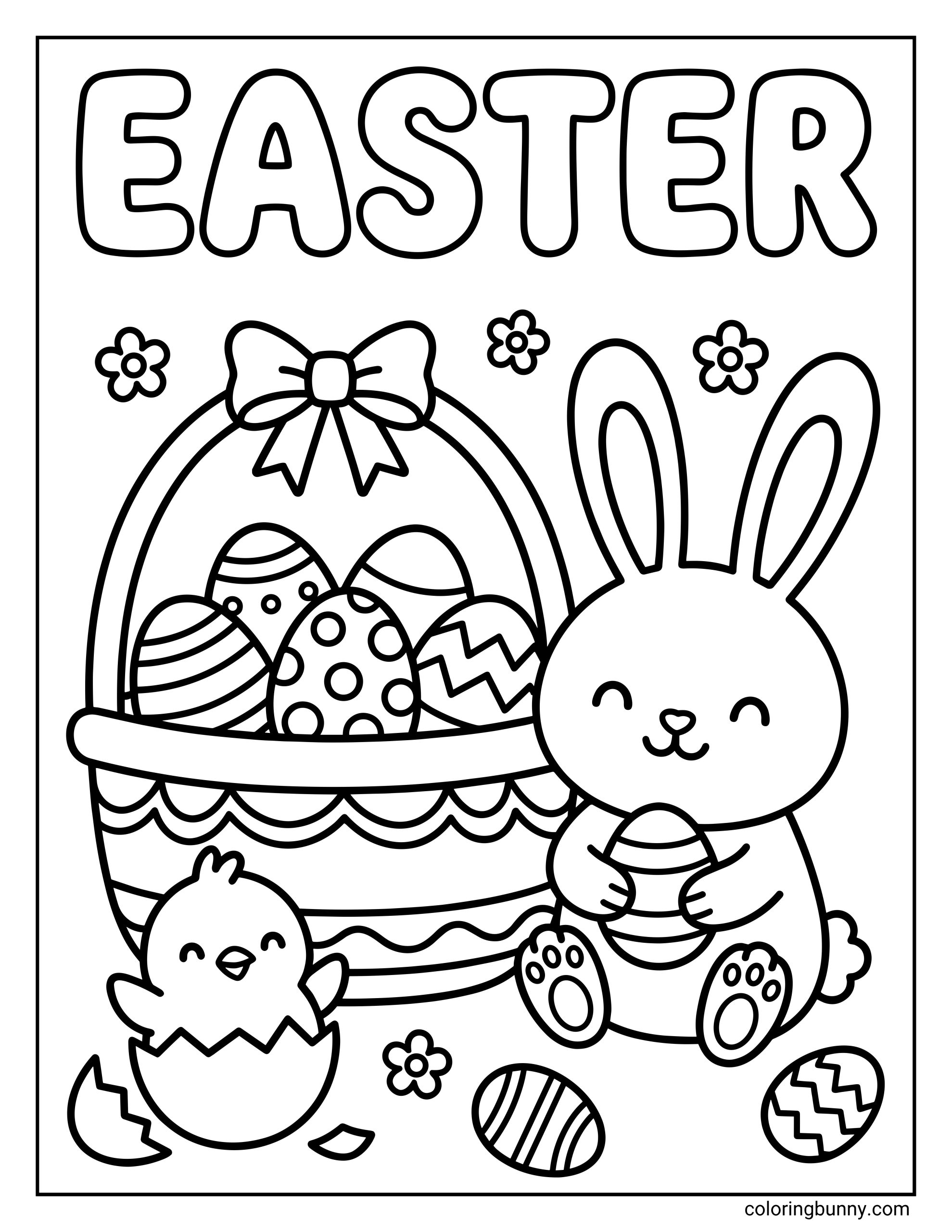 Easter coloring page featuring a cute bunny holding a decorated egg beside a smiling chick hatching from an egg, with a large basket of patterned Easter eggs and flowers around them.