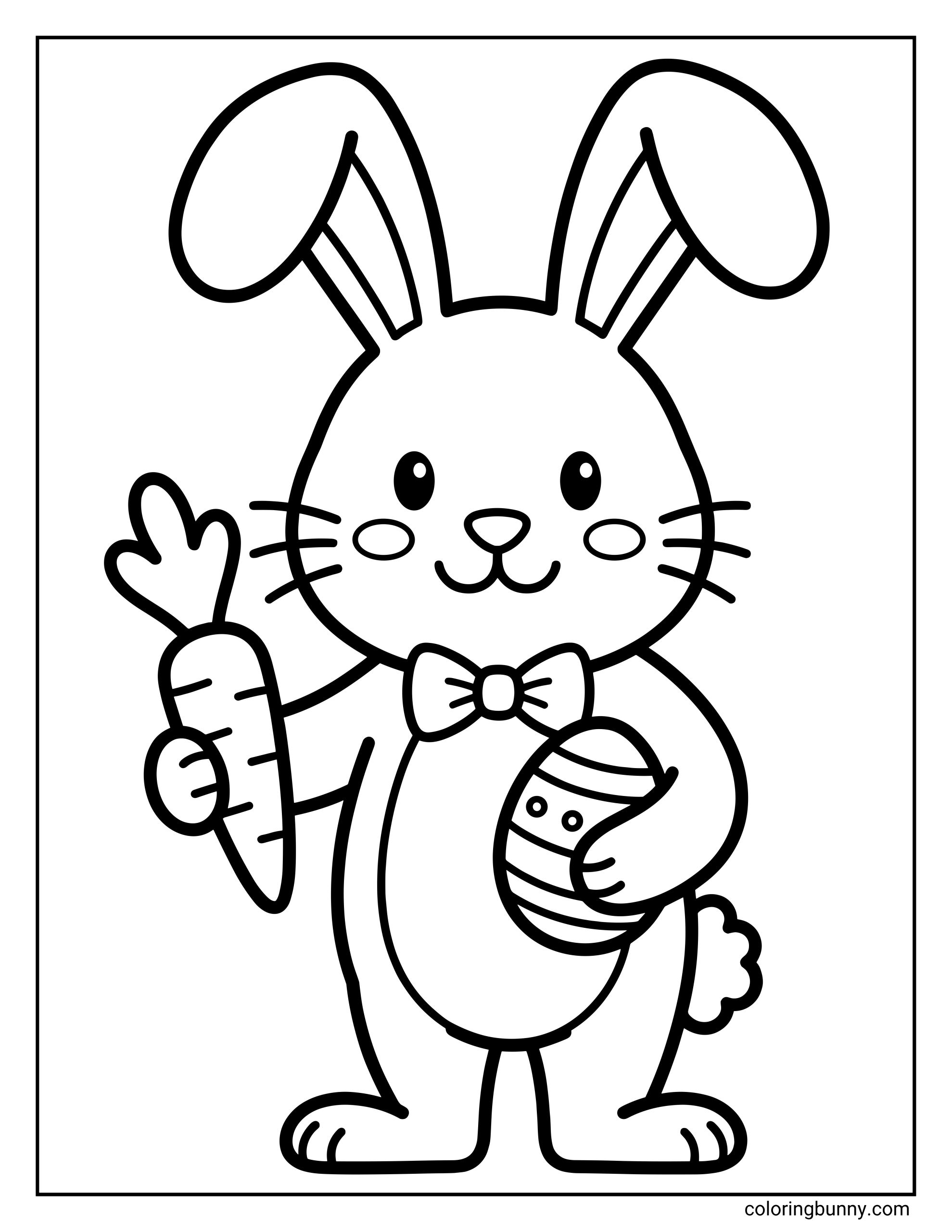 A simple coloring sheet of a friendly bunny holding a decorated Easter egg and a carrot