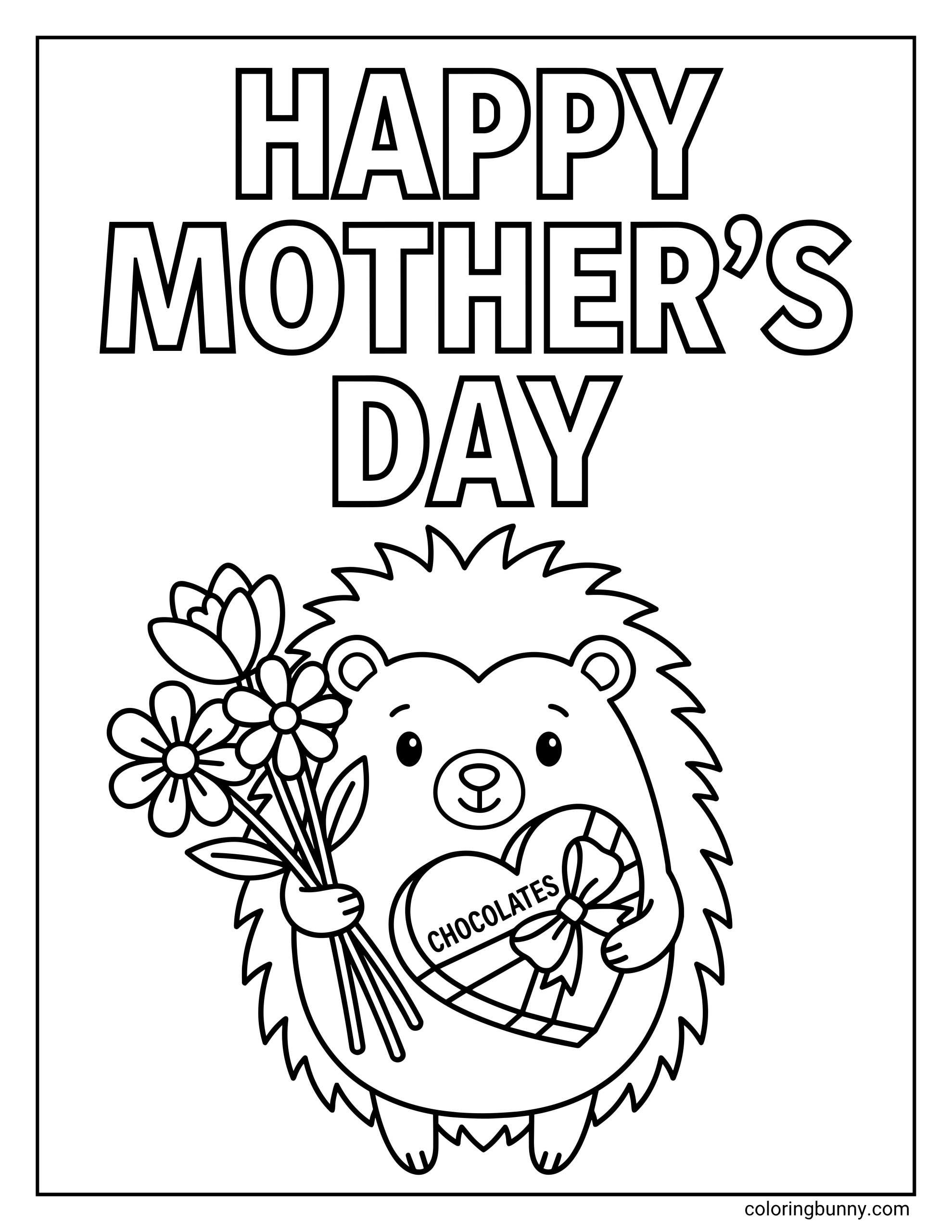 An easy coloring page of a hedgehog for Mother’s Day, with the hedgehog standing upright while holding flowers and a heart-shaped box of chocolates under large Happy Mother’s Day text.