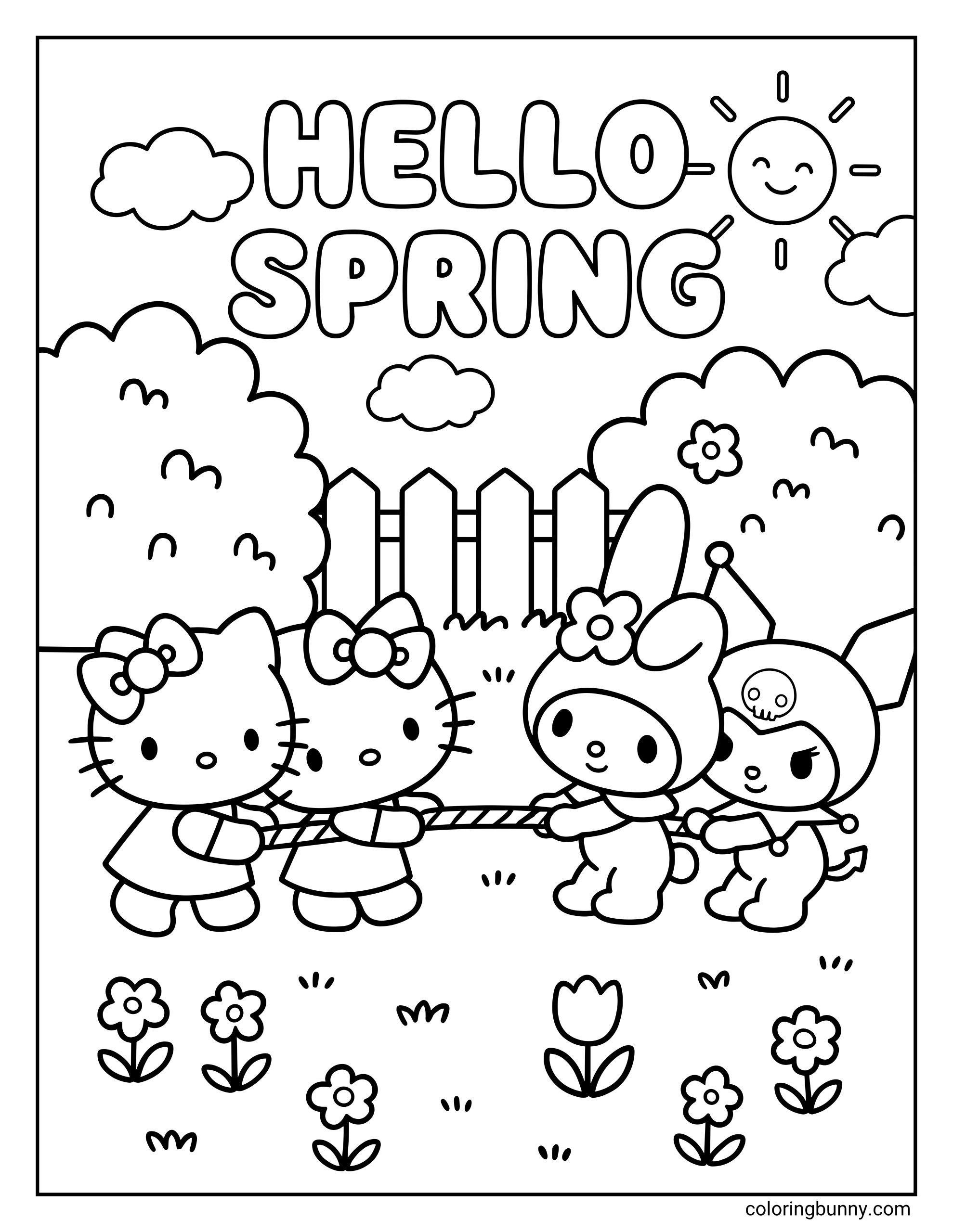 Spring coloring page of Hello Kitty, Mimmy, My Melody, and Kuromi playing tug-of-war with a striped rope in a garden with a picket fence, flowers, a smiling sun, and 'HELLO SPRING' bubble letter text.