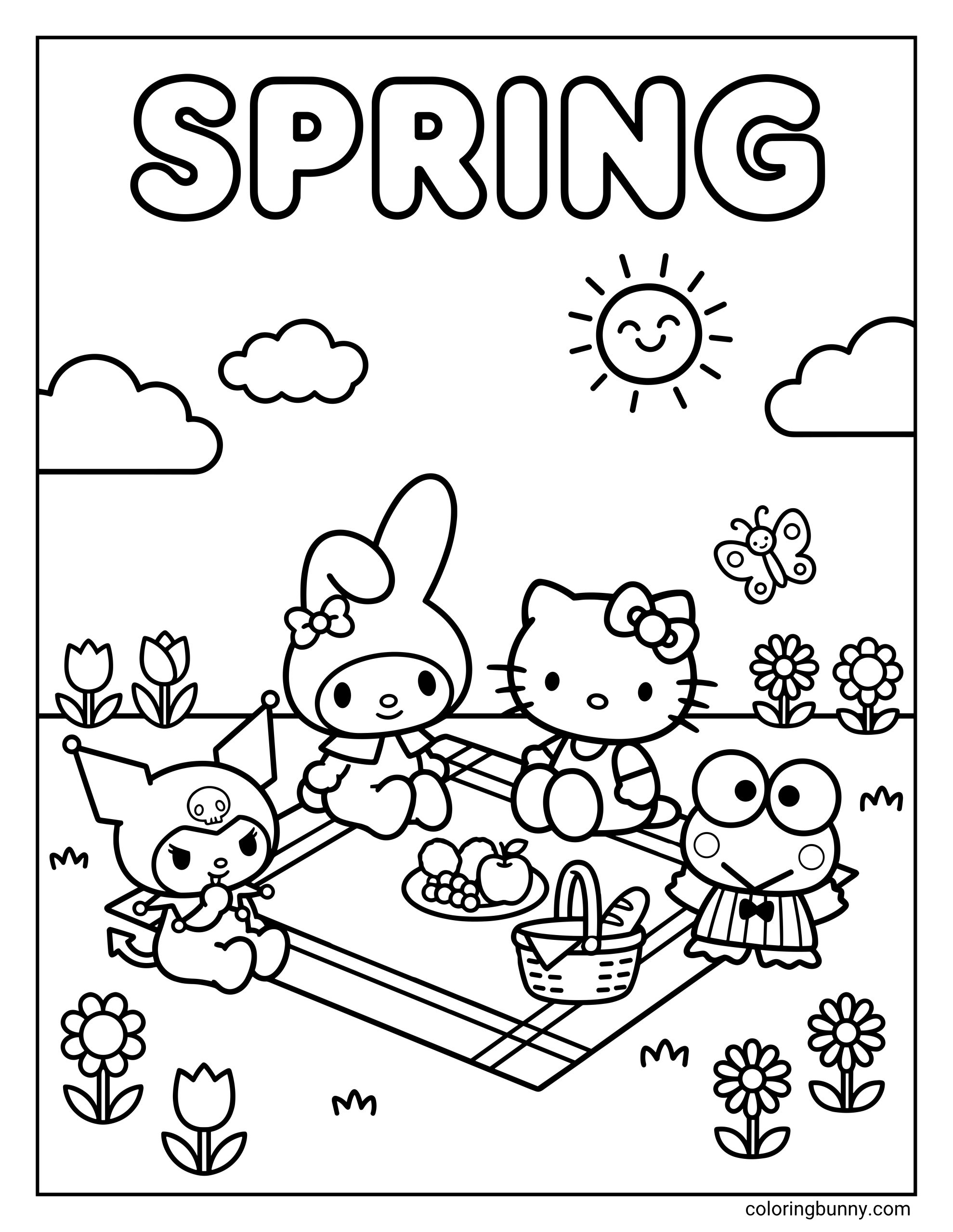 Hello Kitty spring coloring page showing Hello Kitty, My Melody, Kuromi, and Keroppi sitting on a checkered picnic blanket in a field of tulips and daisies with a basket and fruit plate under a smiling sun and "SPRING" text.