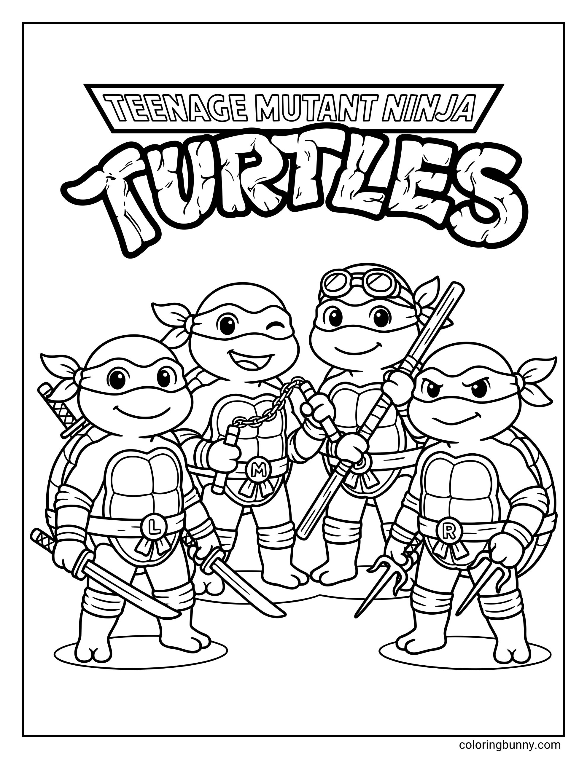 An easy coloring page of the Teenage Mutant Ninja Turtles in a friendly, chibi style with large eyes and happy expressions.