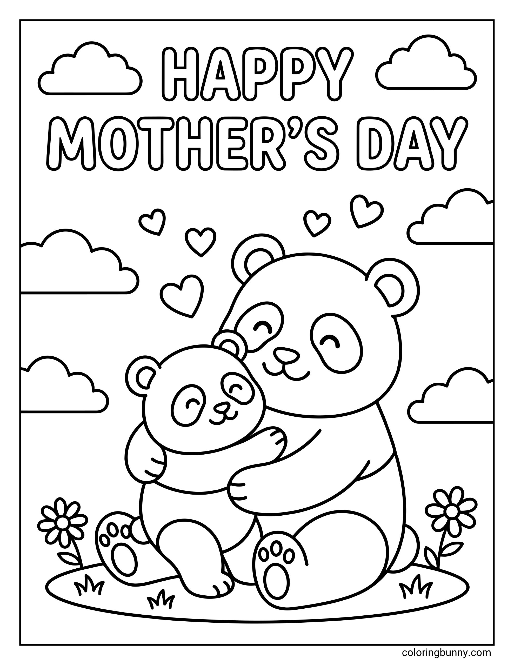 Cute pandas Happy Mother’s Day coloring page showing a mama panda hugging her baby panda beneath a Happy Mother’s Day message, with hearts, clouds, flowers, and grass in a sweet black-and-white scene.