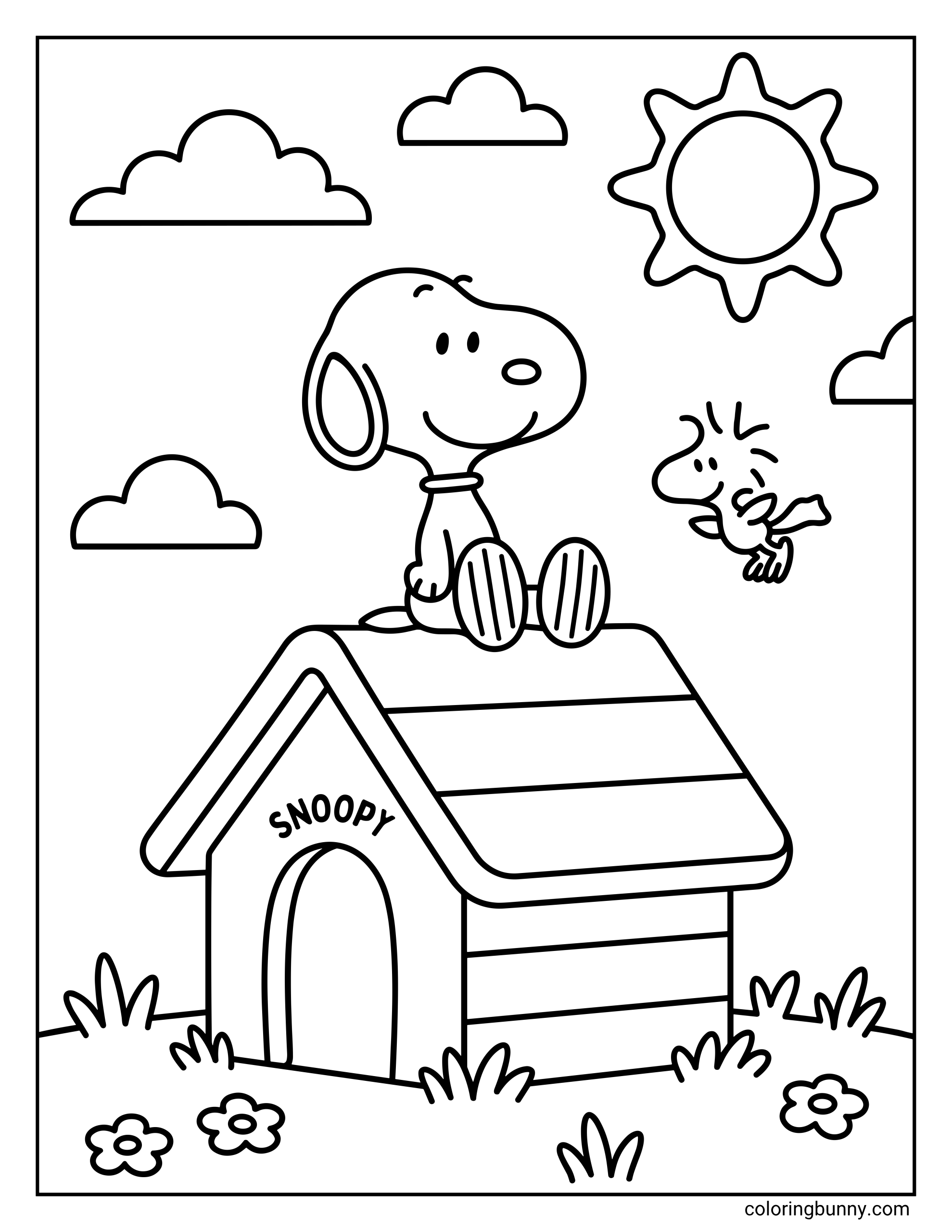 Cute coloring page of Snoopy sitting on his doghouse outdoors, with Woodstock flying nearby, fluffy clouds, a bright sun, and a simple garden scene with grass and flowers.