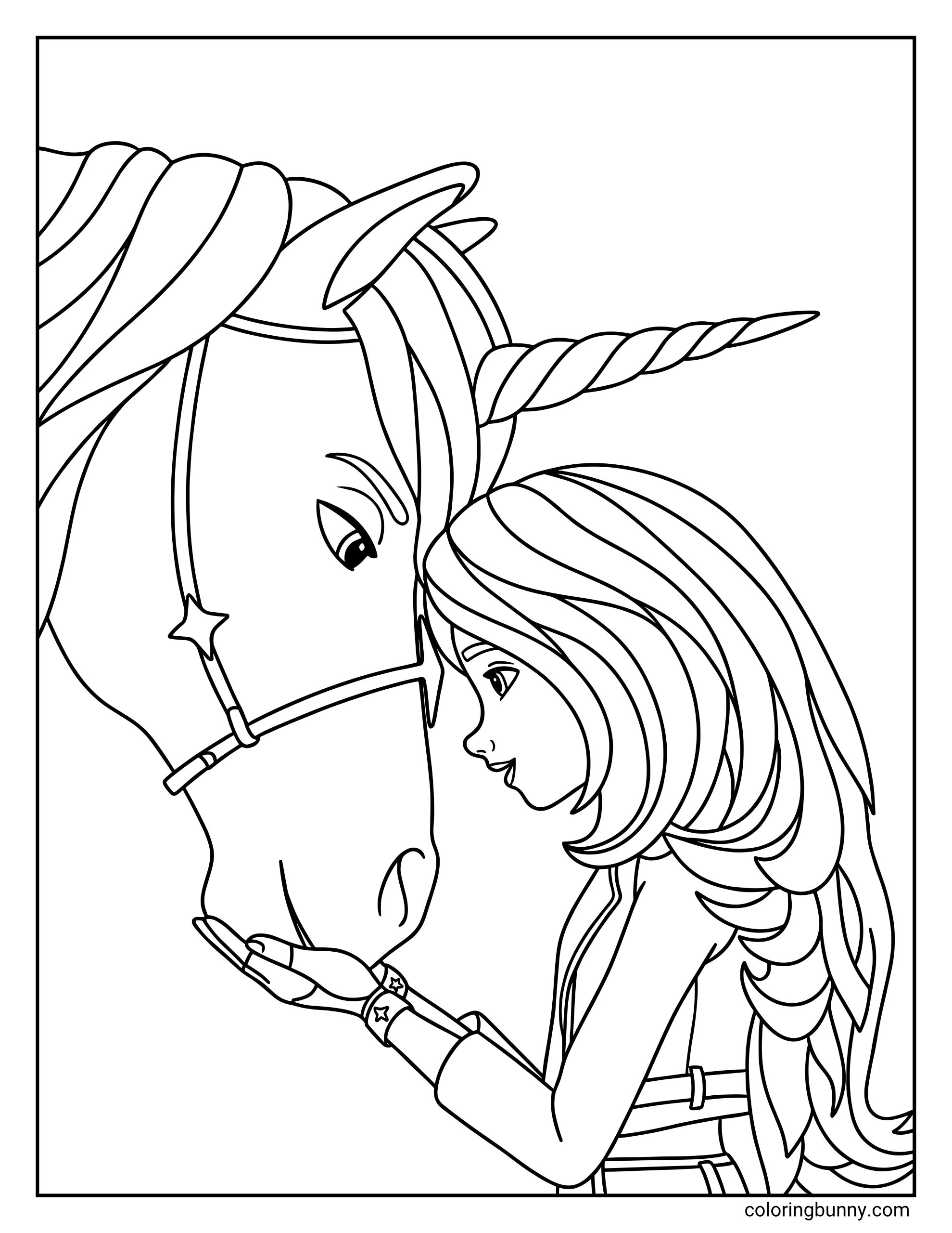 Easy coloring sheet for kids featuring Sophia and Wildstar from Unicorn Academy sharing a tender embrace, showing Sophia's hand on the unicorn's chin.