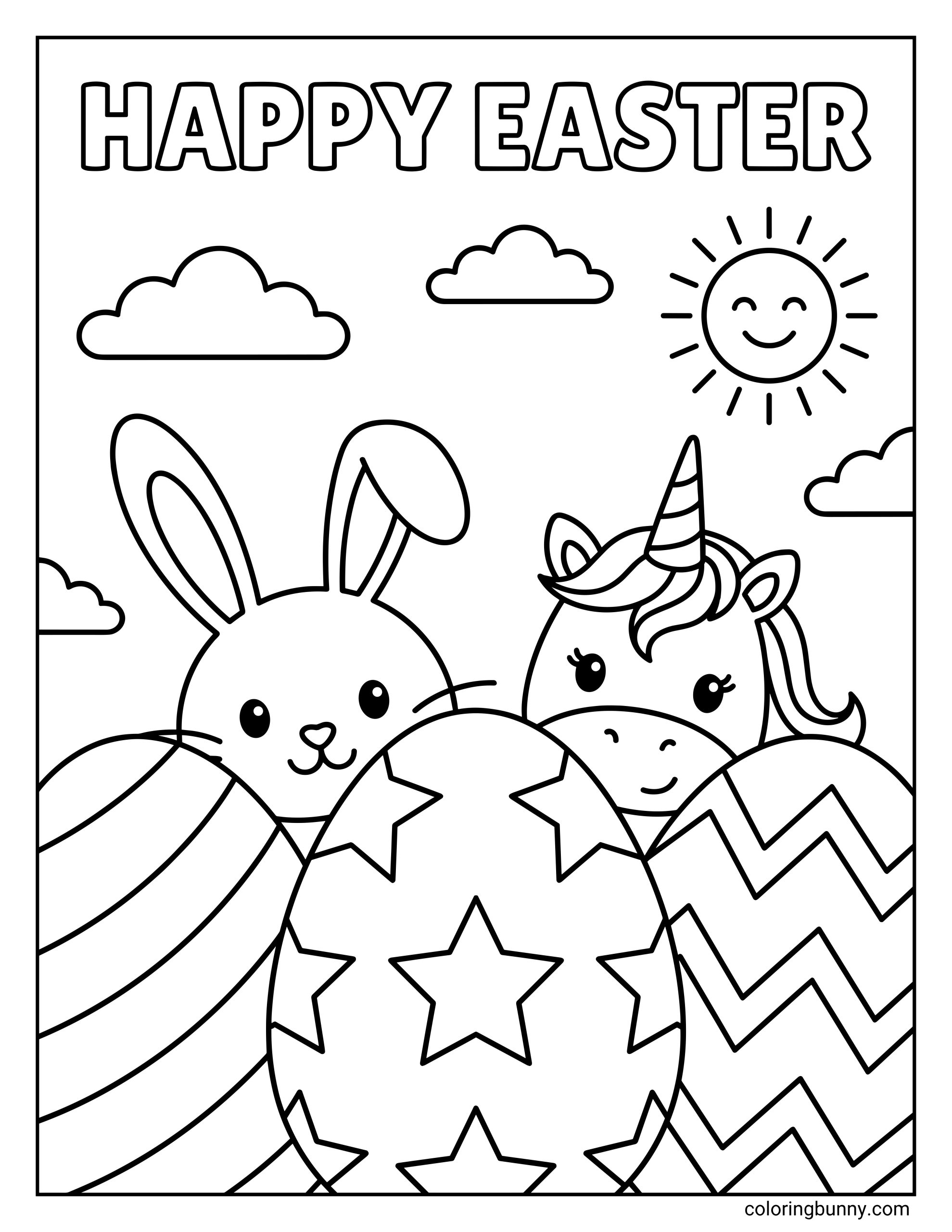 A cute Happy Easter coloring page of a smiling bunny and a unicorn peeking from behind three large decorated Easter eggs with star, zigzag, and stripe patterns. The words “HAPPY EASTER” appear at the top, with clouds and a smiling sun in the sky above the cheerful scene.