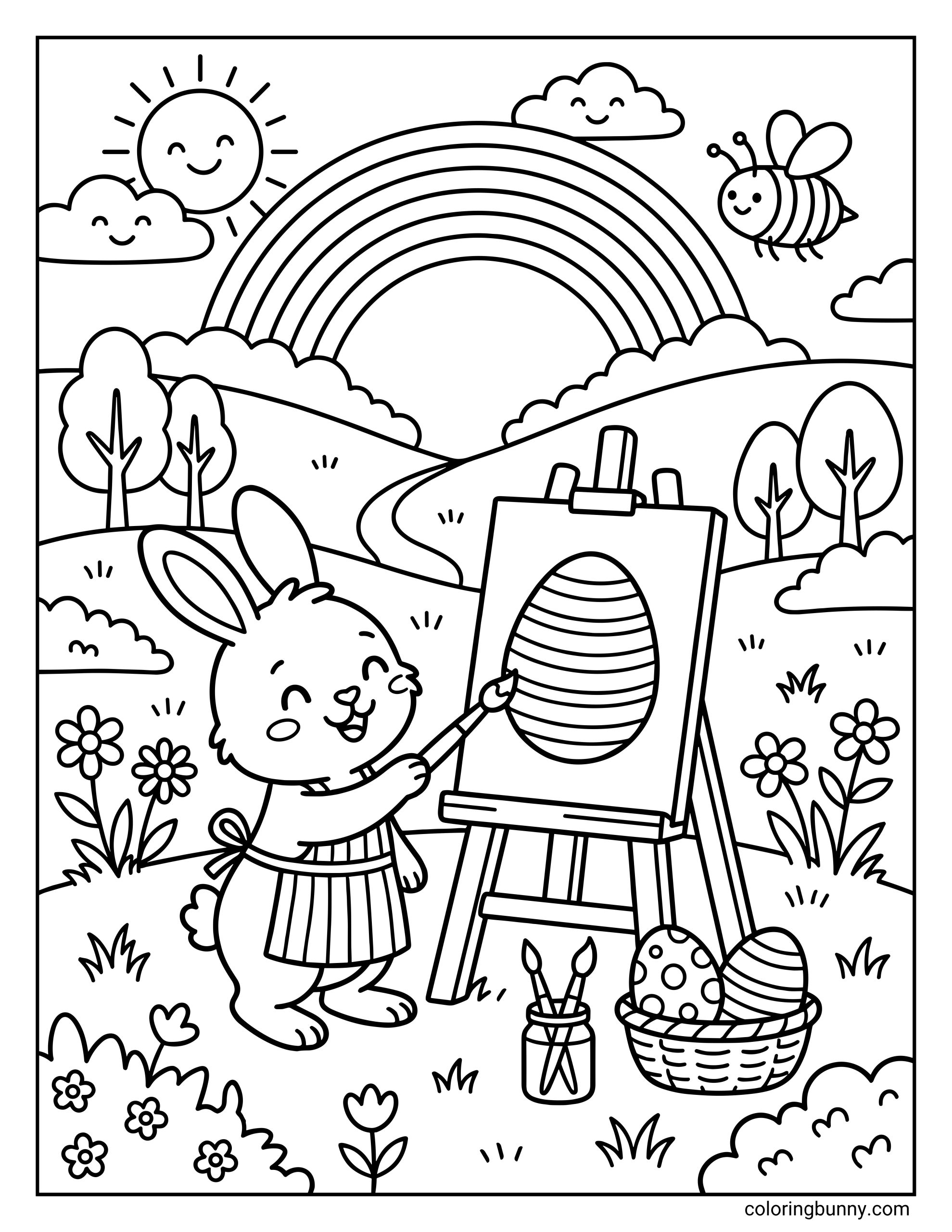 A coloring sheet of a cute bunny painting an Easter egg on an easel in a spring landscape with a rainbow, smiling sun, flowers, and a basket of decorated eggs.
