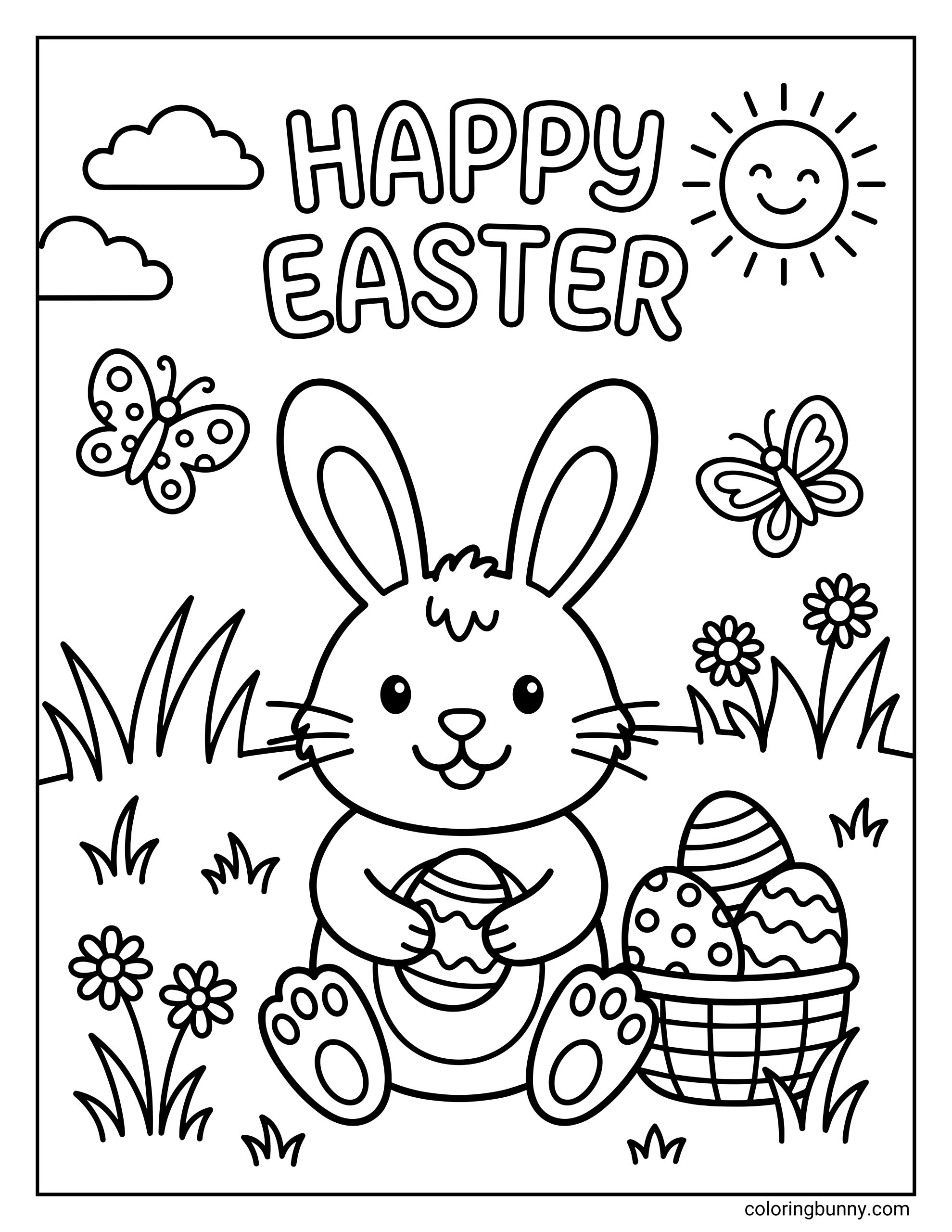 Cute Easter bunny coloring page featuring a smiling rabbit sitting in a meadow with flowers, butterflies, grass, a basket of decorated eggs, fluffy clouds, and a happy sun with “Happy Easter” text above.