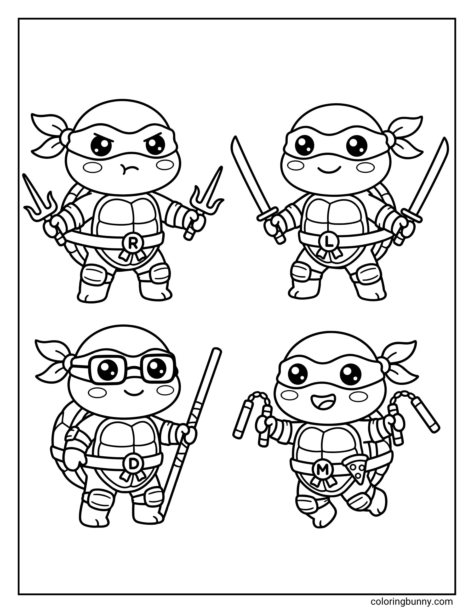Cute chibi Teenage Mutant Ninja Turtles coloring page featuring Leonardo, Raphael, Donatello, and Michelangelo in a four-character layout, each holding their signature weapon.
