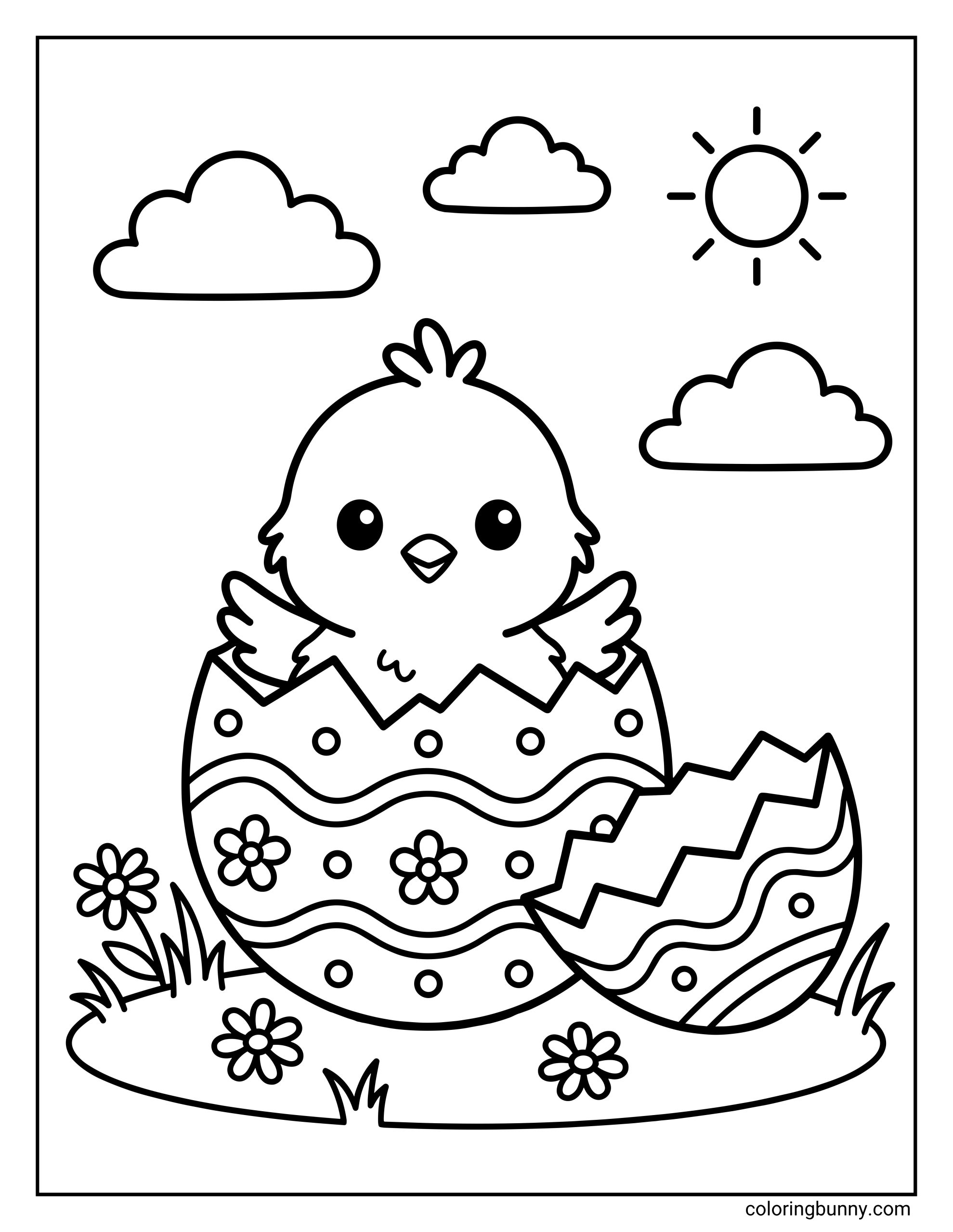 A cute Easter coloring sheet of a baby chick hatching from a decorated Easter egg while sitting on grass with flowers, with another cracked egg shell nearby and clouds and sun in the sky.