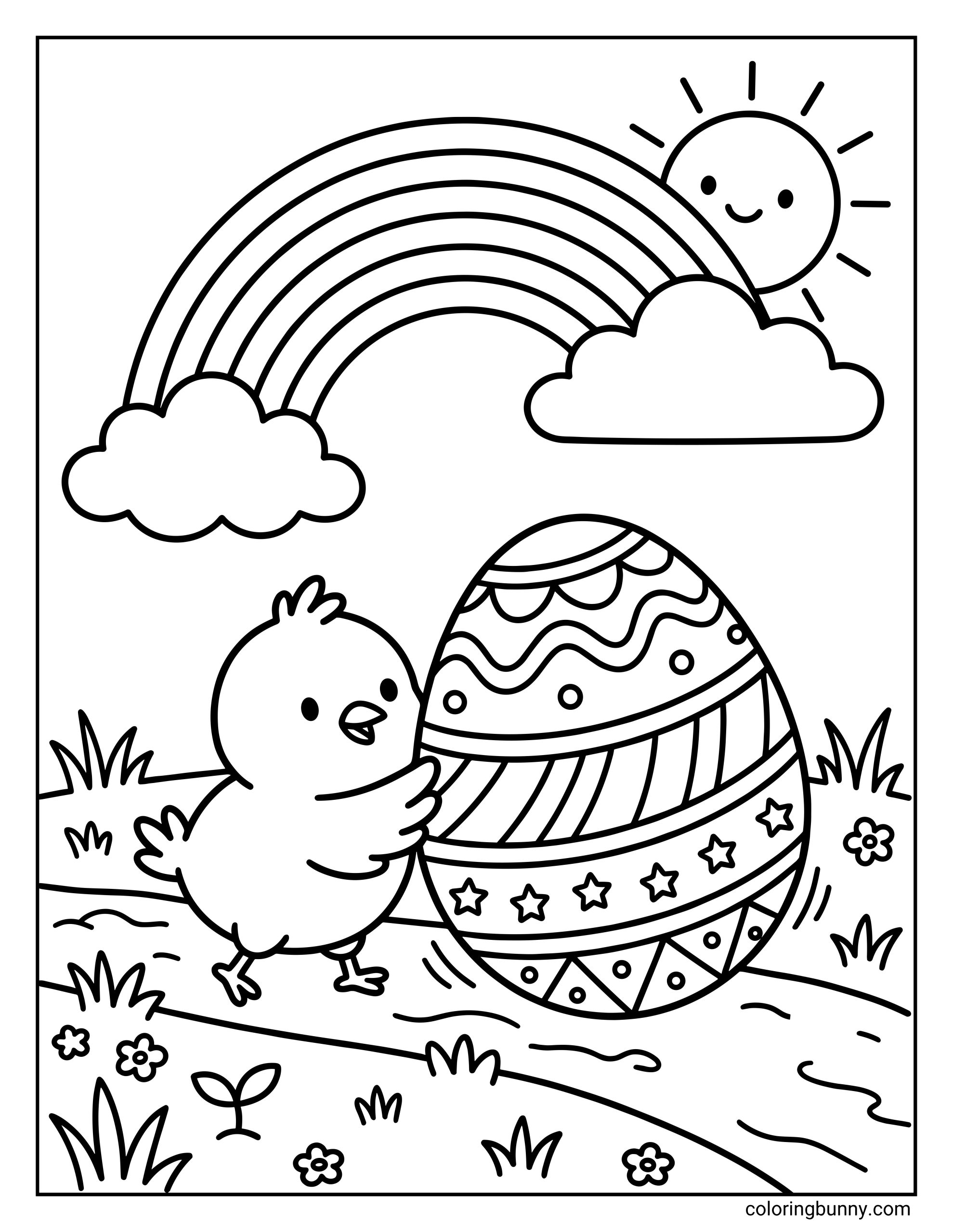A cute Easter coloring page of a little chick pushing a large decorated Easter egg along a grassy path, with flowers, hills, a rainbow between clouds, and a smiling sun in the sky.