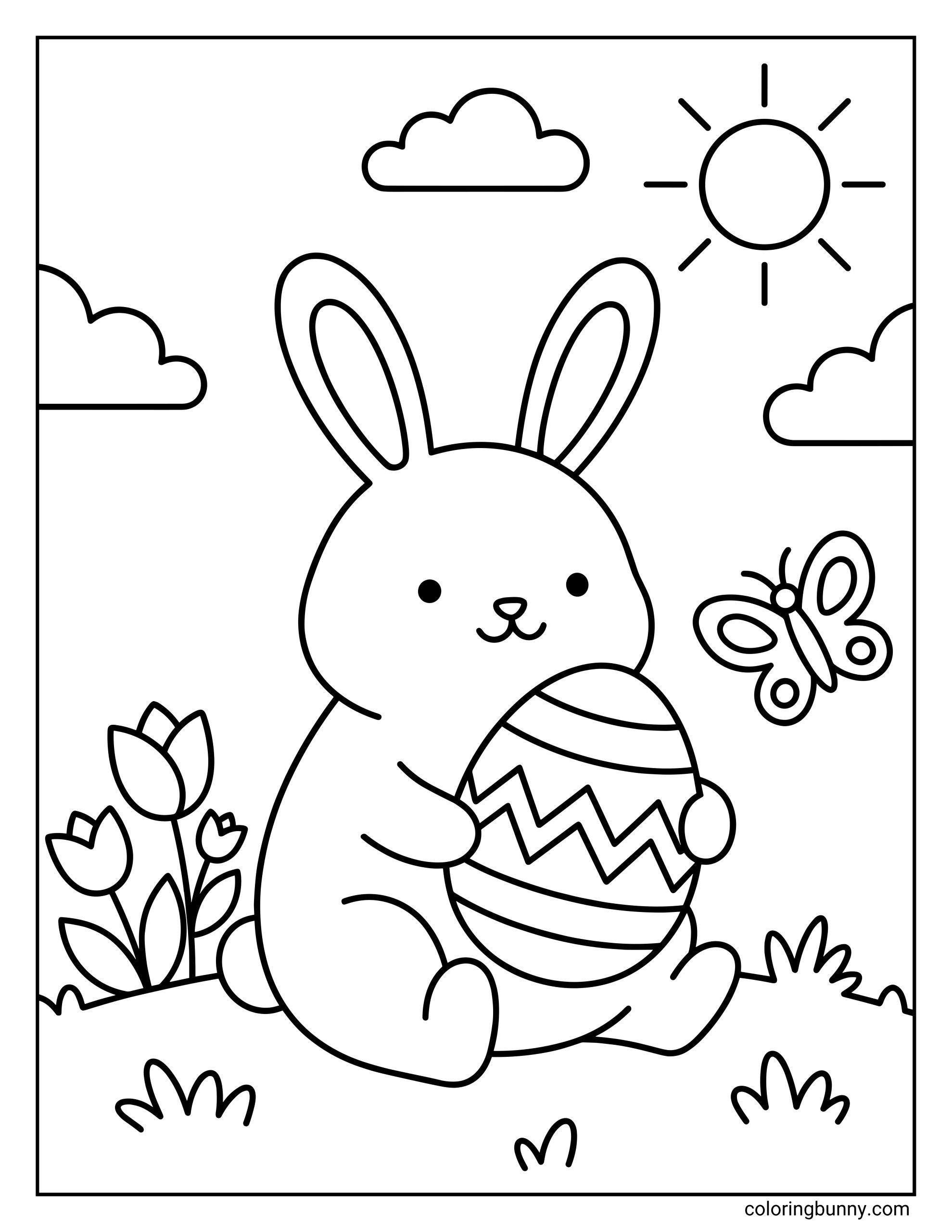 Easter egg coloring page featuring a cute chunky bunny sitting in a meadow holding a patterned Easter egg, with flowers, grass, clouds, a butterfly, and a shining sun in the sky.