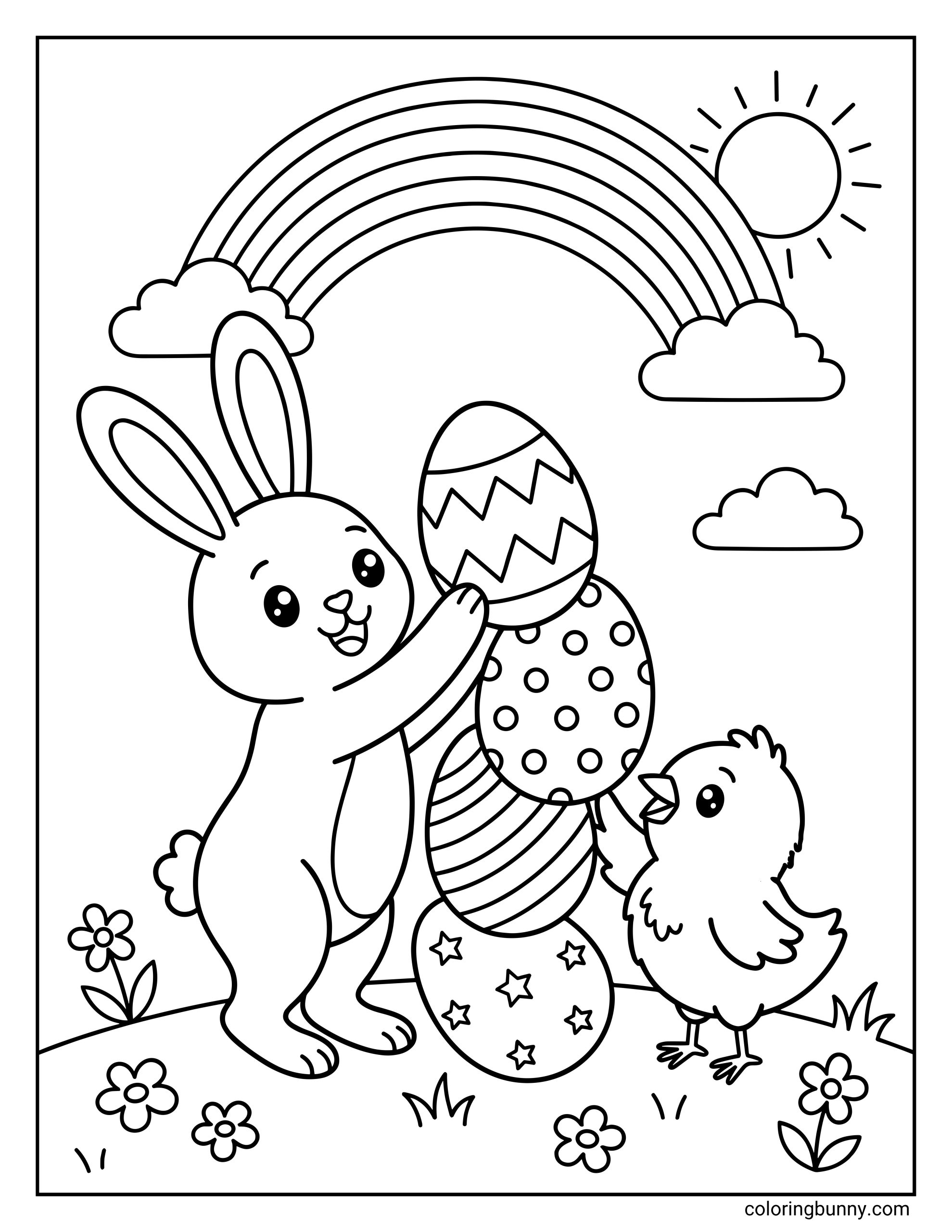 A kids Easter coloring page of a cute rabbit and a tiny chick working together to stack four decorated Easter eggs into a tall tower on a sunny meadow under a big rainbow.