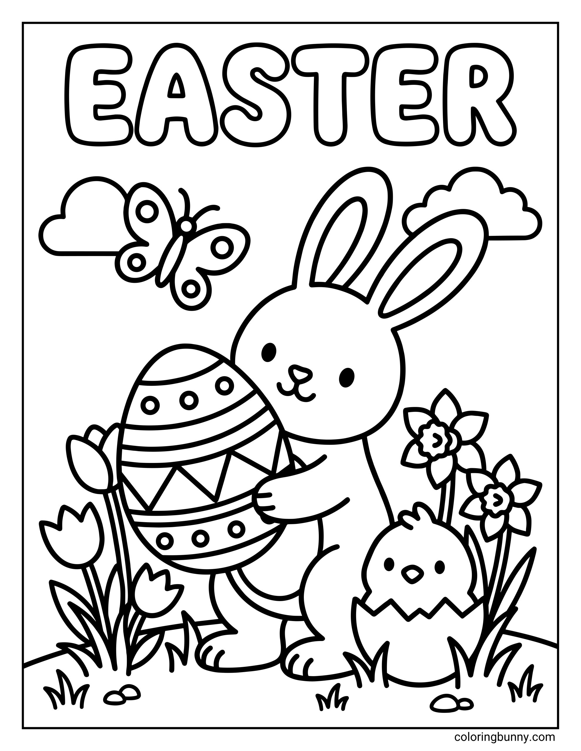 Easter coloring page featuring a cute bunny hugging a patterned Easter egg, with flowers, grass, a butterfly, clouds, and a small chick hatching from an egg nearby.