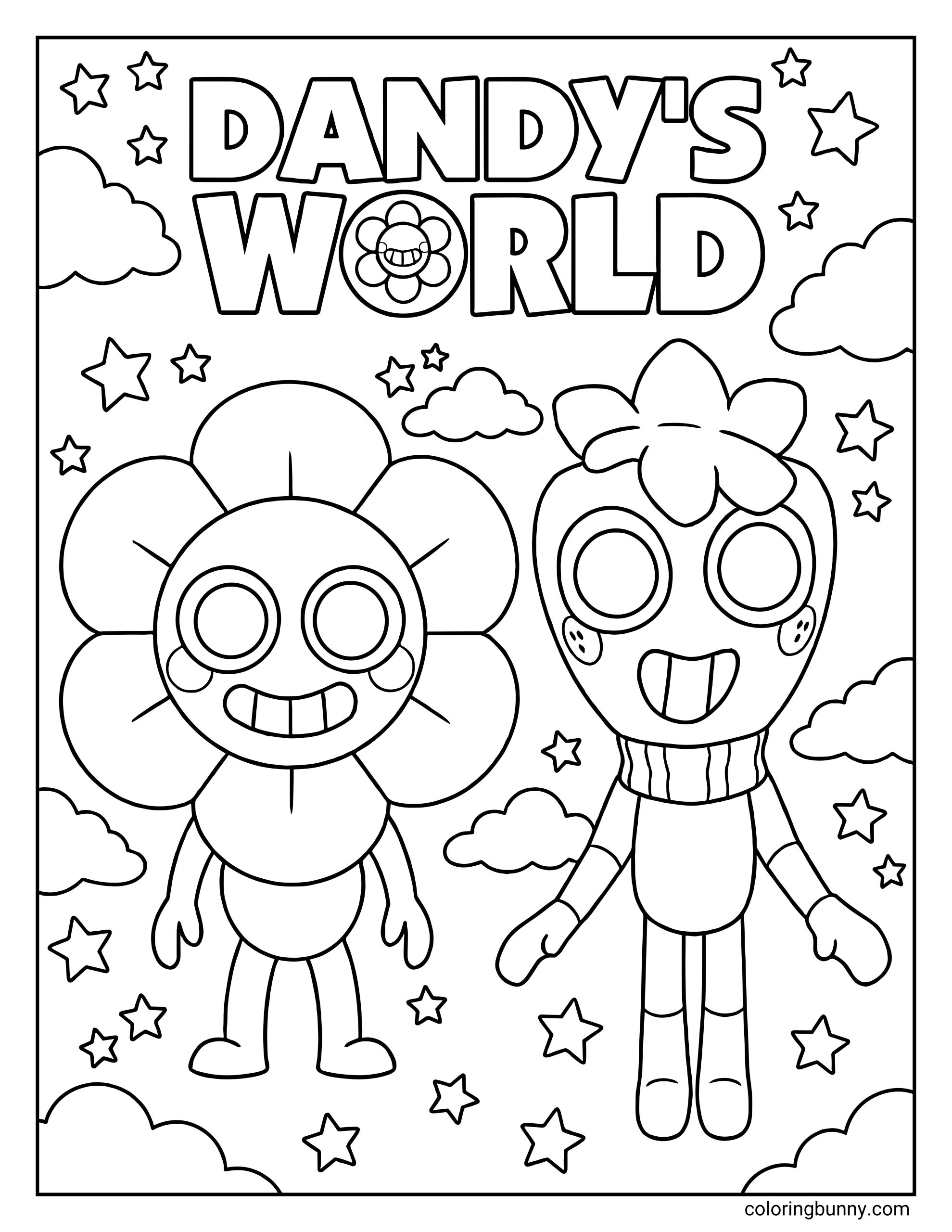 A kids coloring page with Dandy and Sprout from Dandy’s World in a side-by-side full-body pose, with the Dandy’s World title above and stars and clouds scattered across the page.