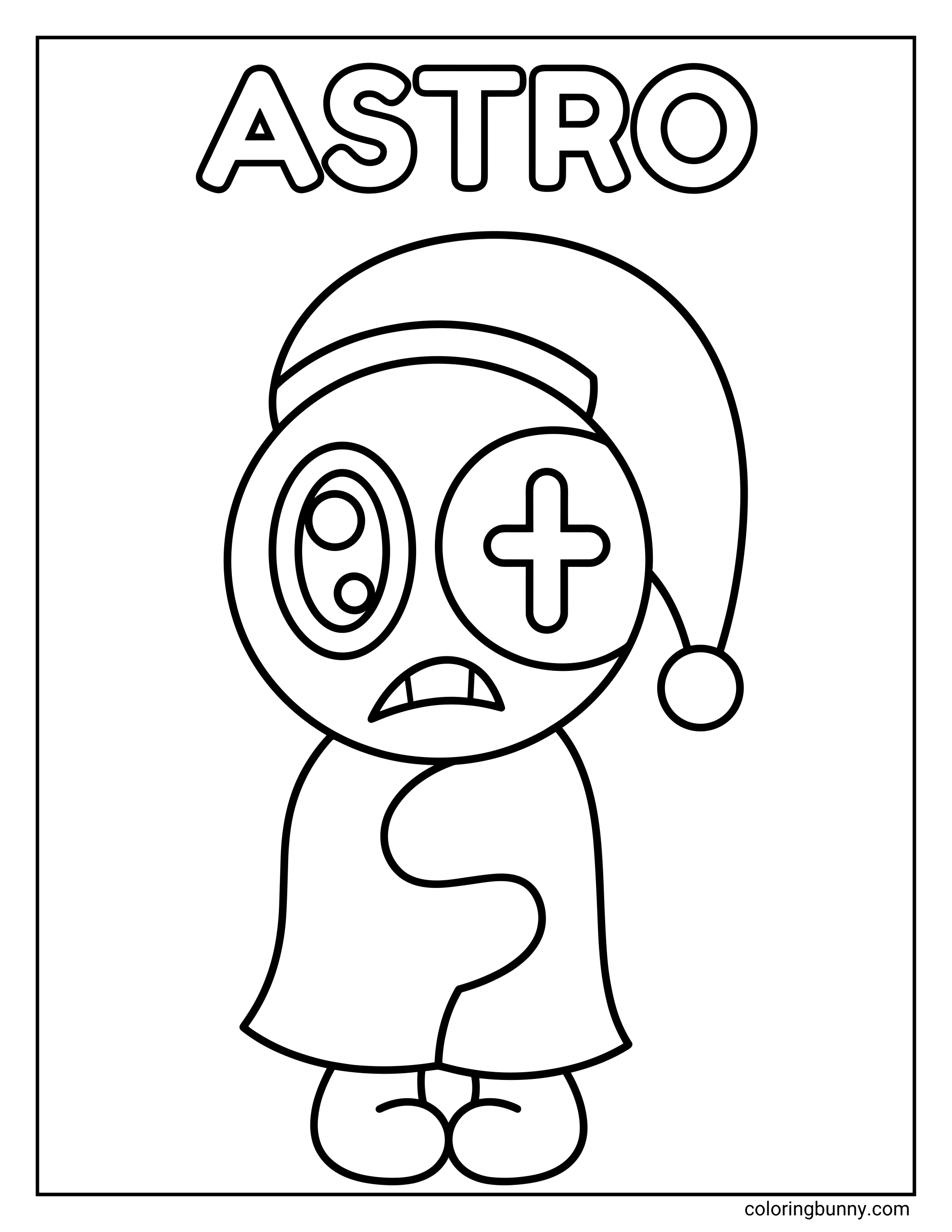 A coloring page of Astro from Dandy’s World standing in a simple front-facing pose, wearing a long sleeping cap and showing his round face with one large eye and one X-shaped eye.