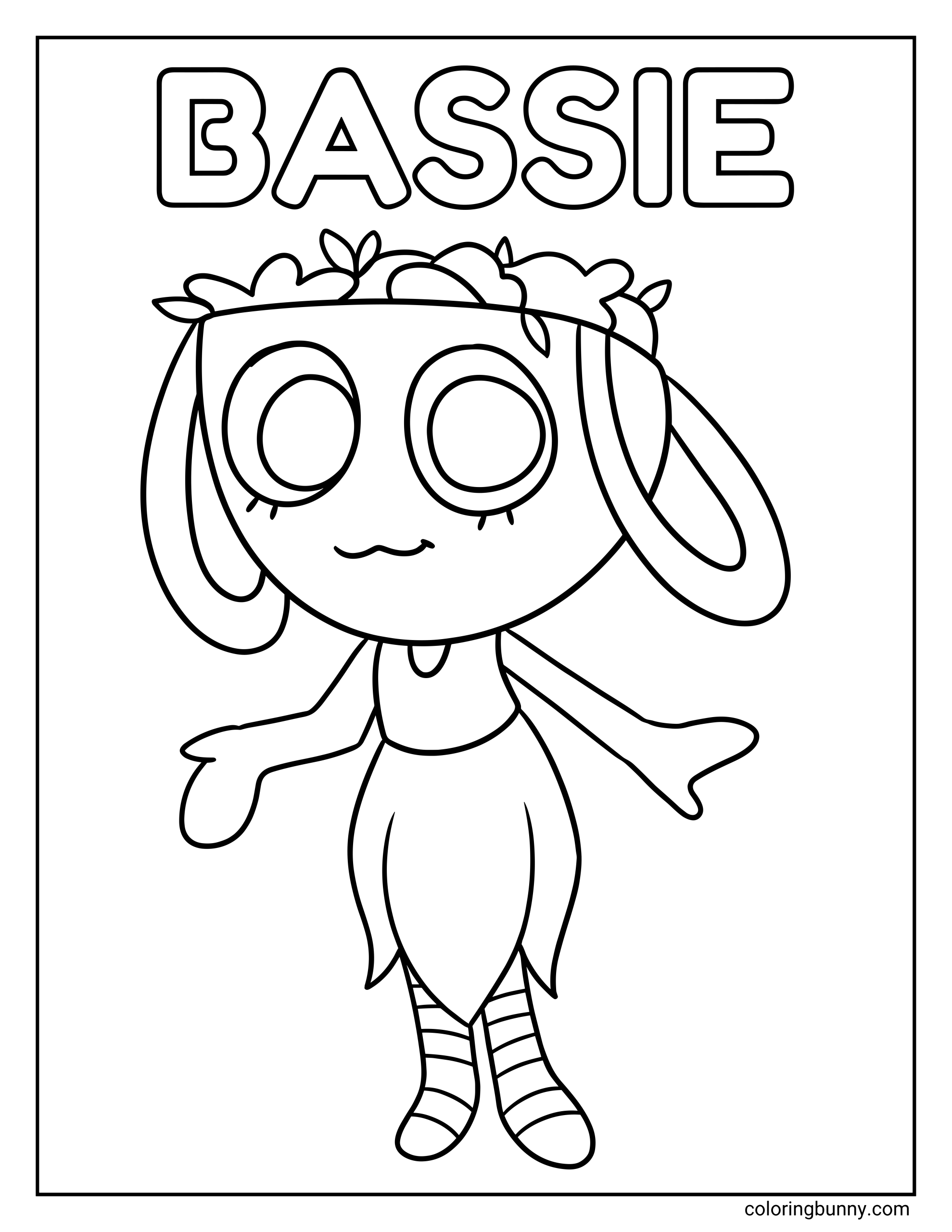 An easy coloring page of Bassie from Dandy’s World in a full-body character portrait, with rounded features, big eyes, striped stockings, floppy ears, and bold black outlines against a plain background.
