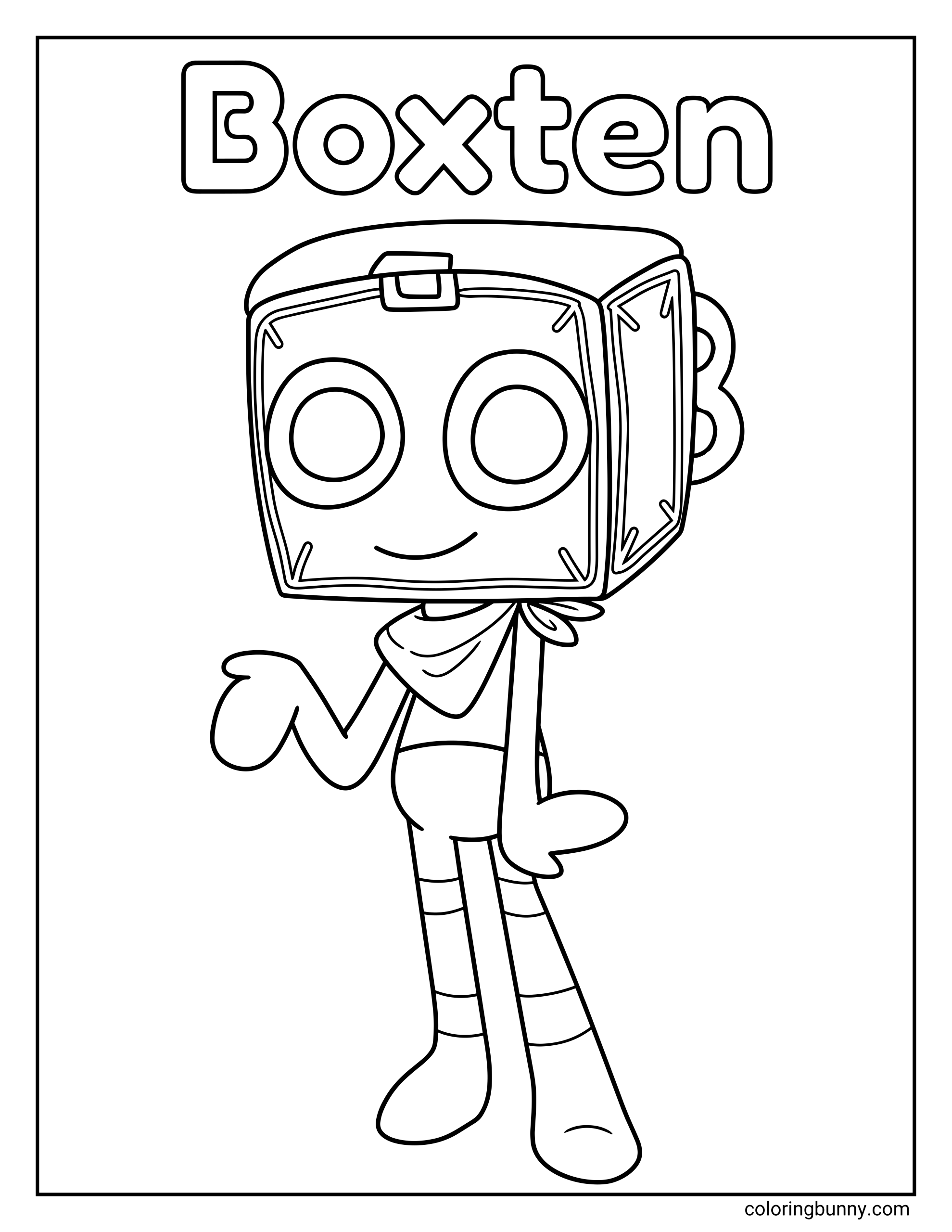 Dandy’s World Boxten coloring page featuring Boxten standing in a simple full-body pose with a box-shaped head, round eyes, a small smile, striped legs, a tied scarf, and one hand raised beneath his name at the top.