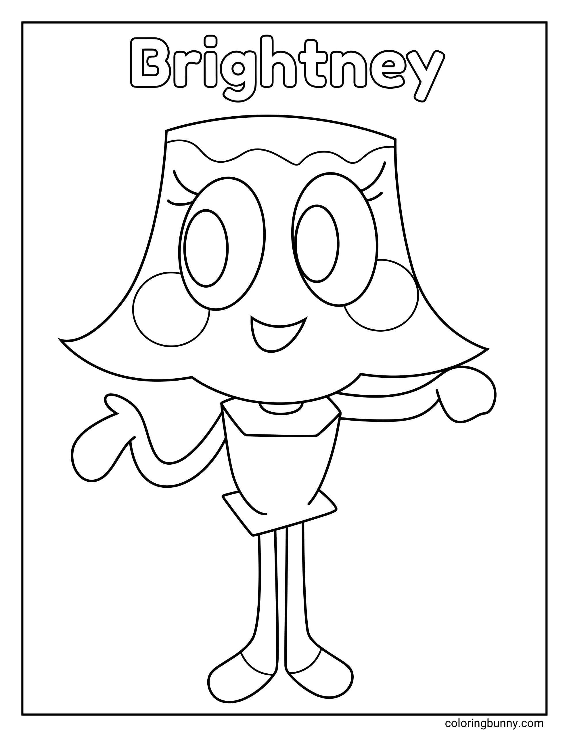 Dandy’s World Brightney coloring page featuring Brightney in a centered full-length pose, with a lampshade-shaped head, large oval eyes, round cheeks, a cheerful smile, one raised arm, and long thin legs beneath her name at the top.