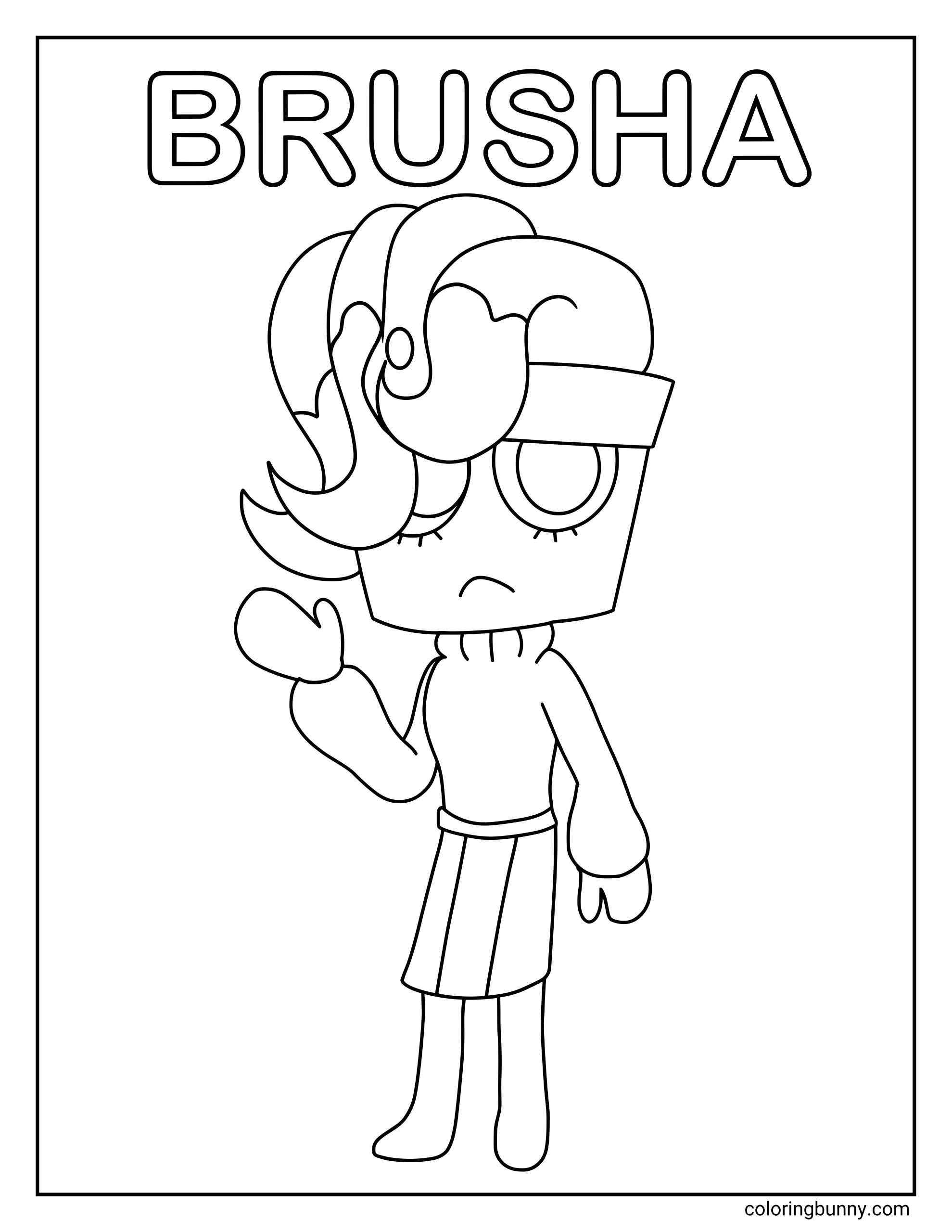 Dandy’s World Brusha coloring page featuring Brusha in a centered full-length pose, with a brush-shaped head, curled bristle hair, one visible eye, a slight frown, long sleeves, a skirt, and clean open space around the character.
