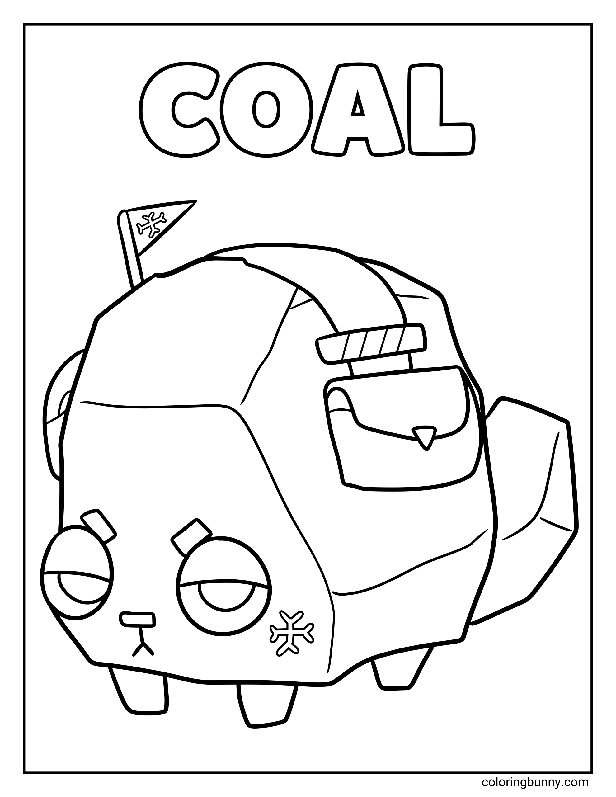 Dandy’s World Coal coloring page featuring Coal in a centered full-length pose, with a rough rock-shaped body, half-closed eyes, a tiny mouth, snowflake symbols, a small flag, a side backpack, and simple open space around the character.