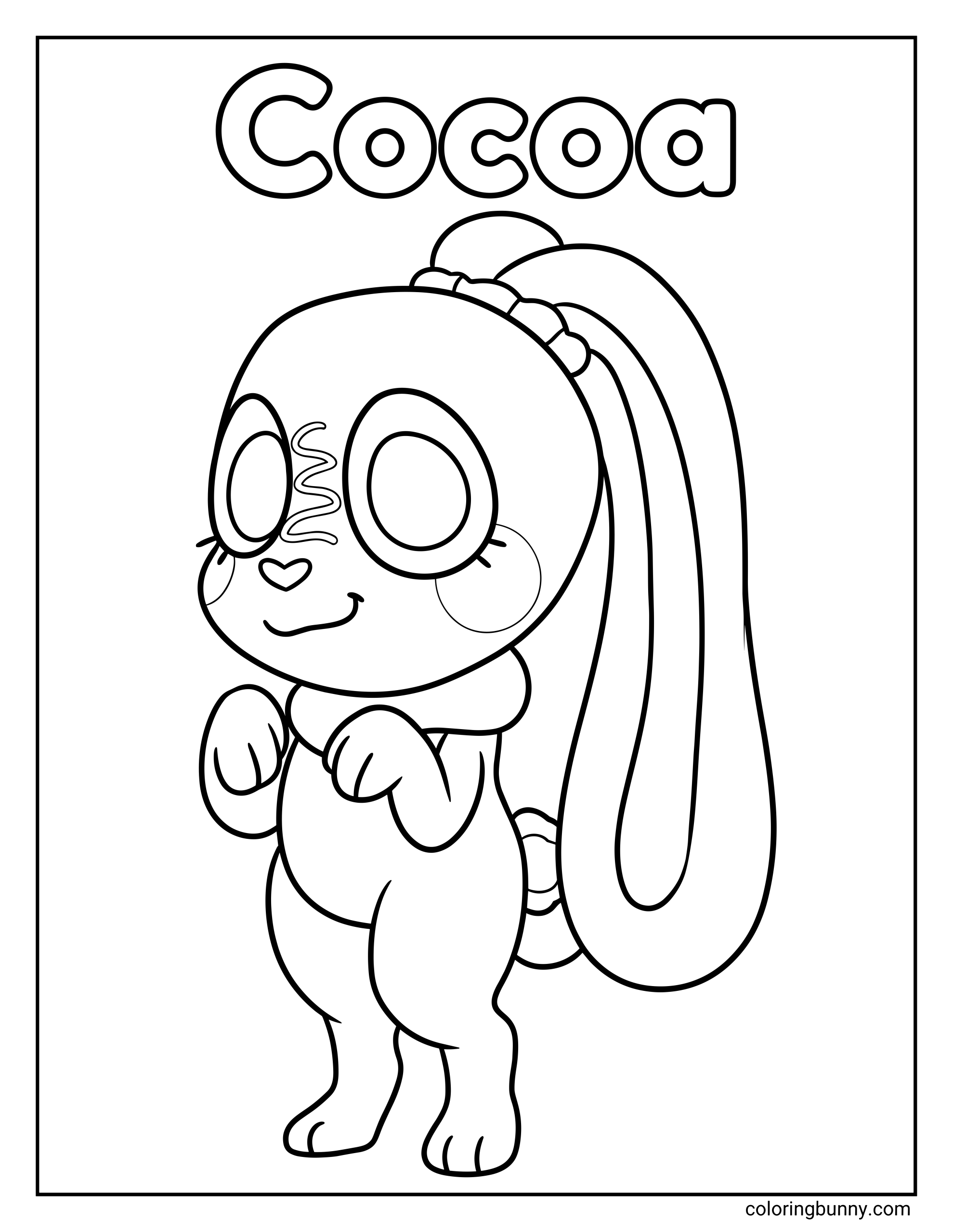 An easy coloring page of Cocoa from Dandy’s World in a full-body character portrait, with oversized eyes, blush cheeks, long hanging ears, a soft rounded body shape, and bold black outlines against a plain background.