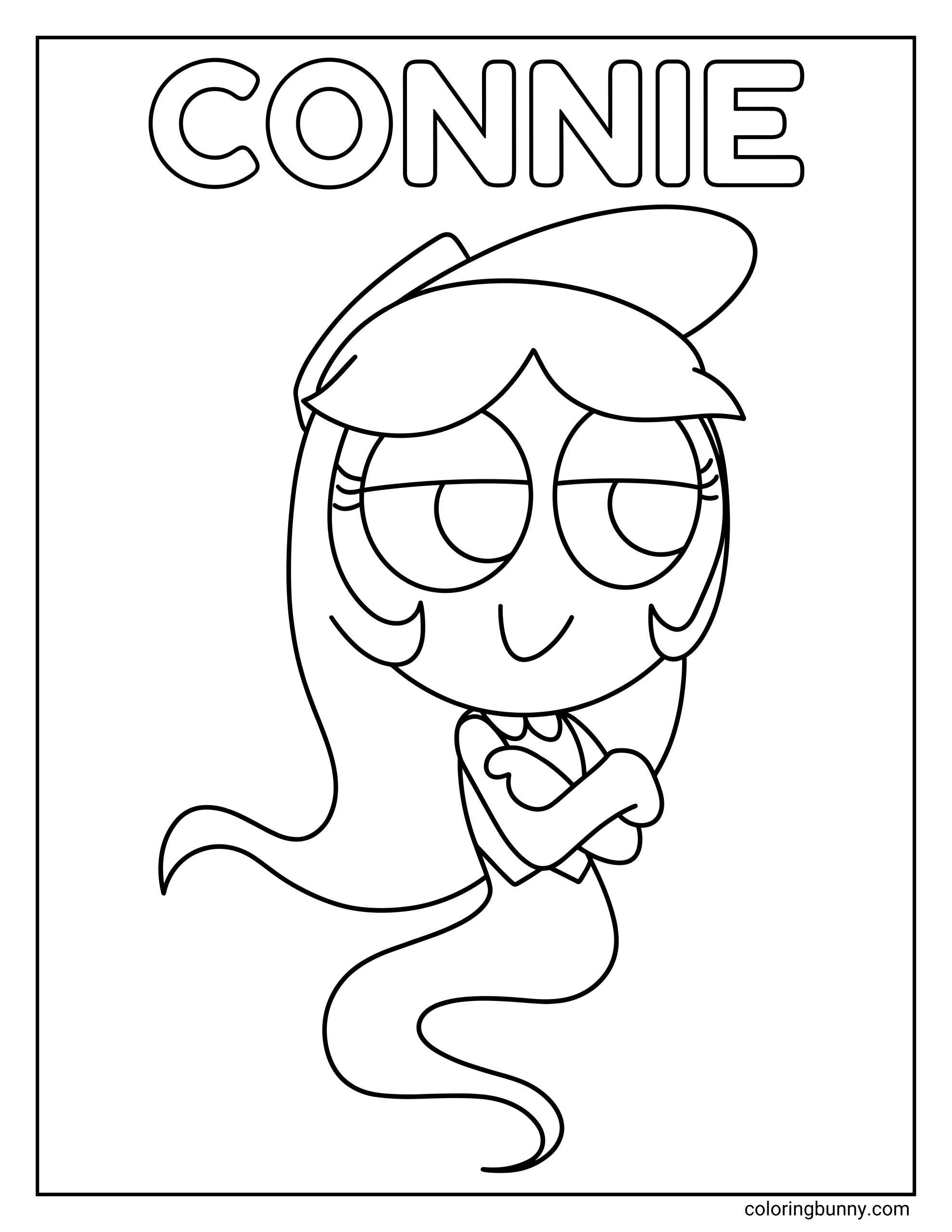 Dandy’s World Connie coloring page featuring Connie in a centered floating pose, with long flowing hair, half-lidded eyes, a tiny smile, a cap, crossed arms, a collared shirt, and a ghost-like tail curving below her.
