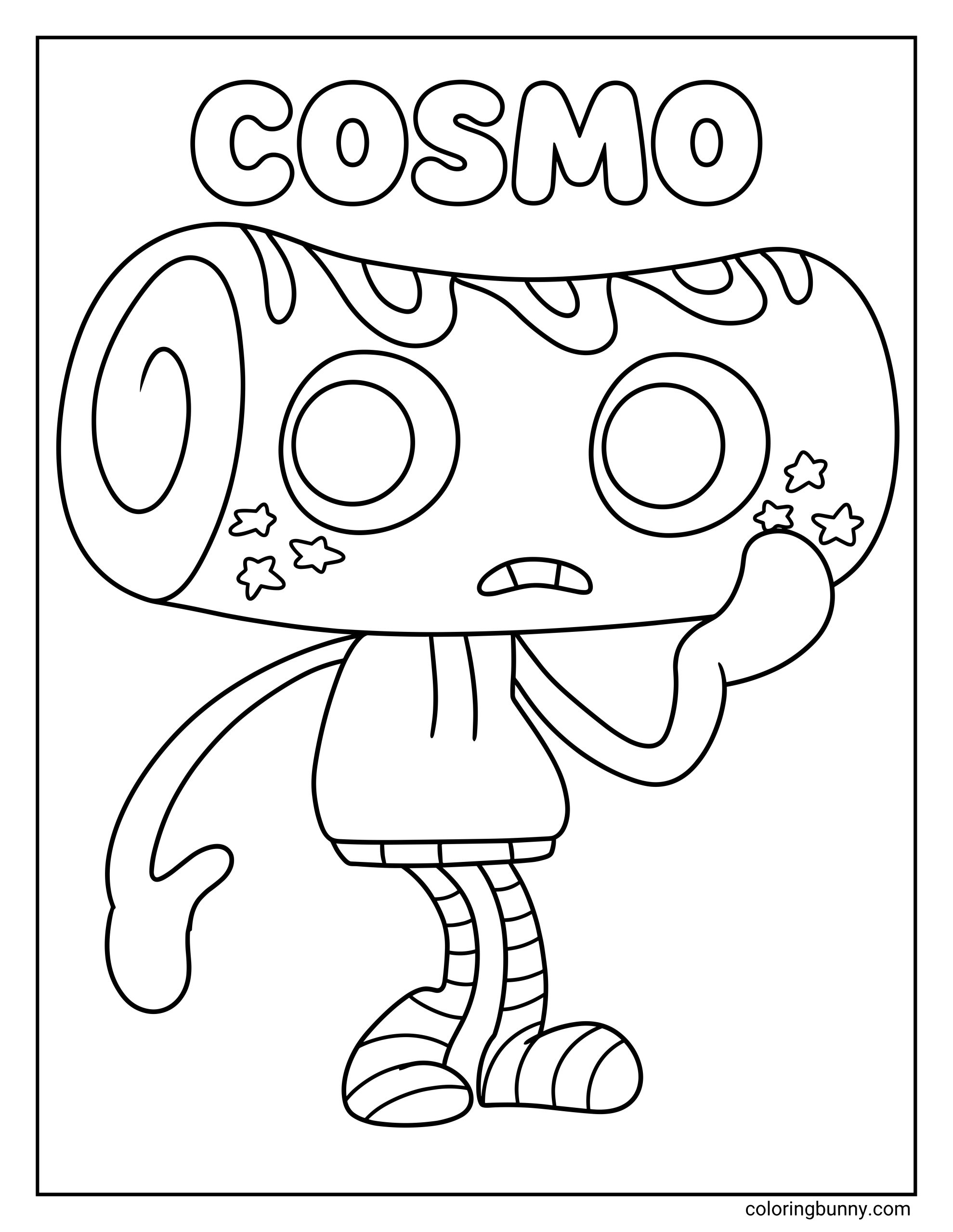 Dandy’s World Cosmo coloring page featuring Cosmo in a centered full-length pose, with a pastry-roll head, large round eyes, star cheek details, a small concerned mouth, long curved arms, striped socks, and open space around the character.