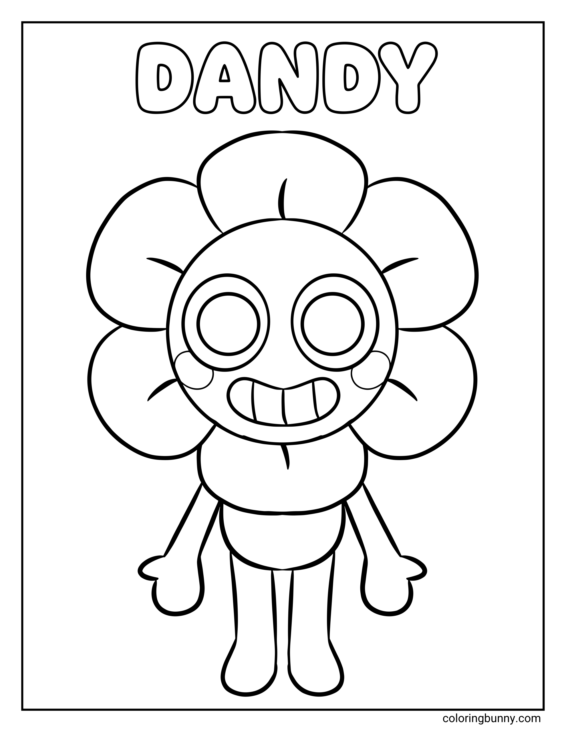An easy coloring page of Dandy from Dandy’s World in a full-body character portrait, with a flower-shaped face, big smile, round eyes, blush cheeks, simple body shapes, and bold black outlines against a plain background.
