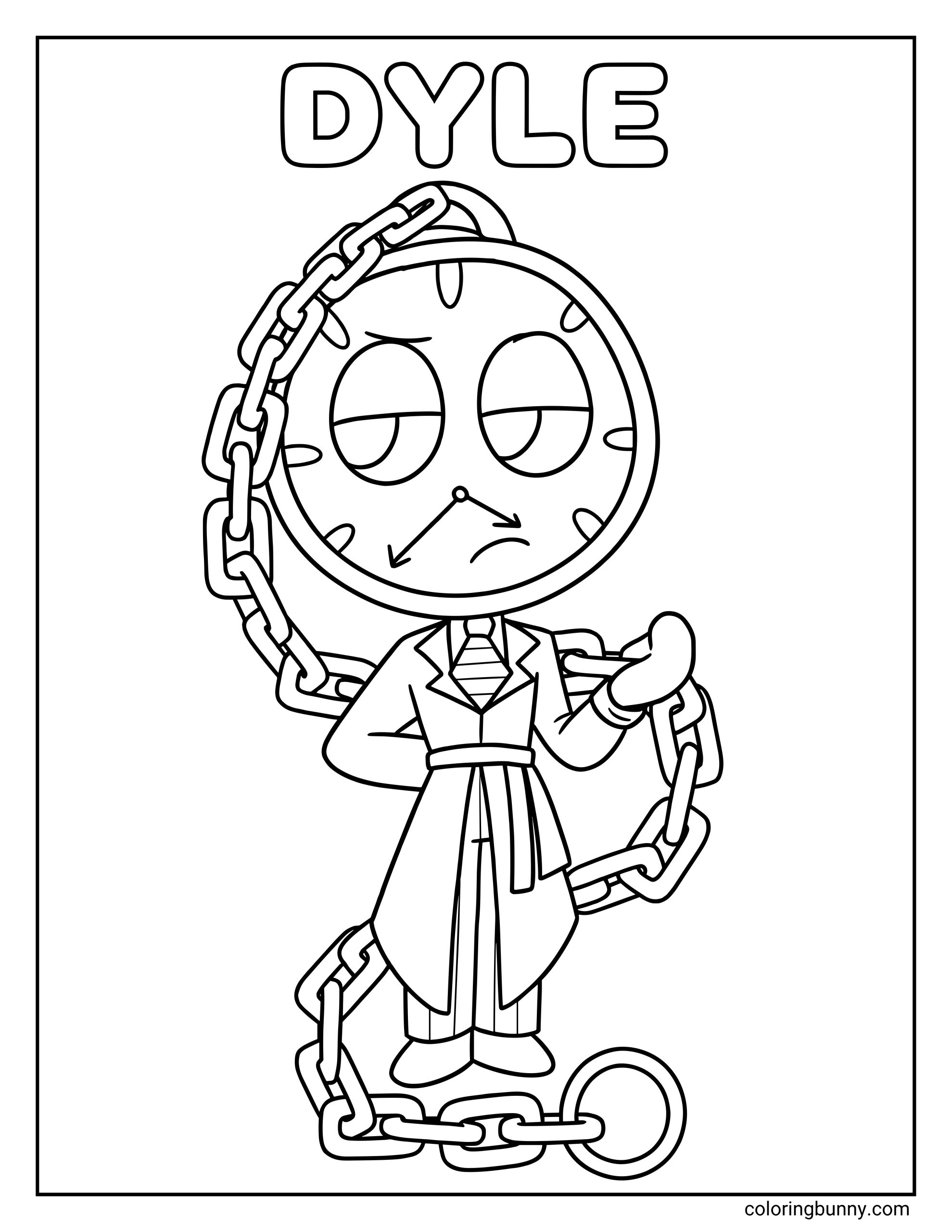 A simple Dandy’s World coloring page showing Dyle standing beneath the word “DYLE,” with a clock-like face, tired eyes, a frown, formal outfit details, and large chains curling around the character in a centered composition.