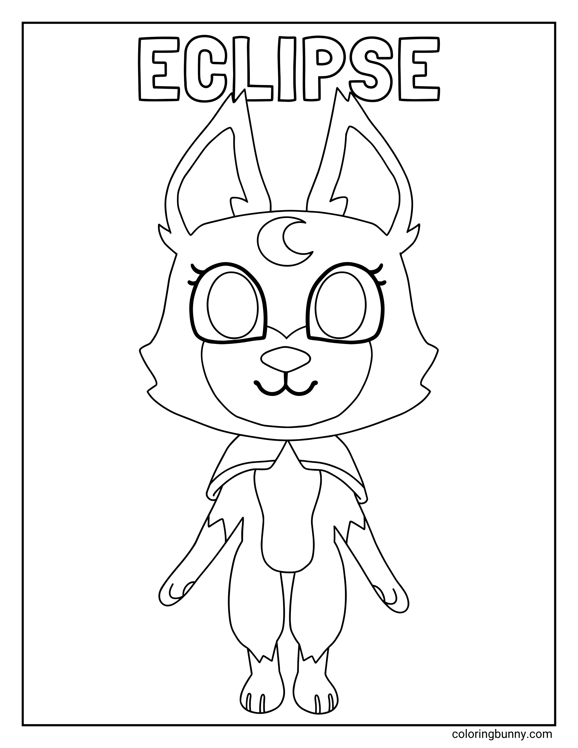 Dandy’s World coloring page of Eclipse standing beneath the word “ECLIPSE,” with tall ears, a crescent moon symbol, large oval eyes, wing-like arms, and a centered composition that is easy to color.