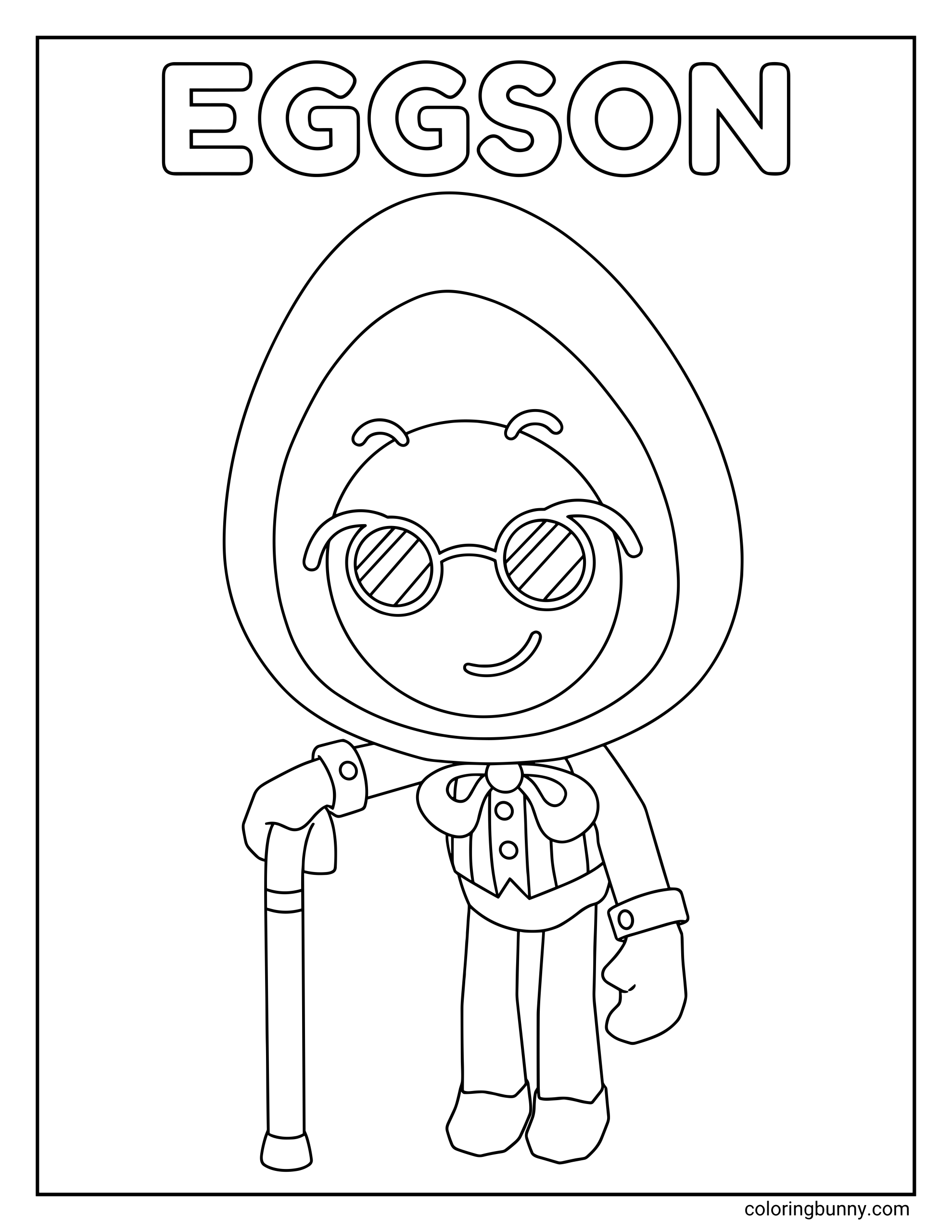 A coloring page of Eggson from Dandy’s World standing in a simple full-body pose, with an egg-shaped head, round glasses, a smile, a bow tie, formal clothes, gloves, and a cane beneath the name “EGGSON” at the top.