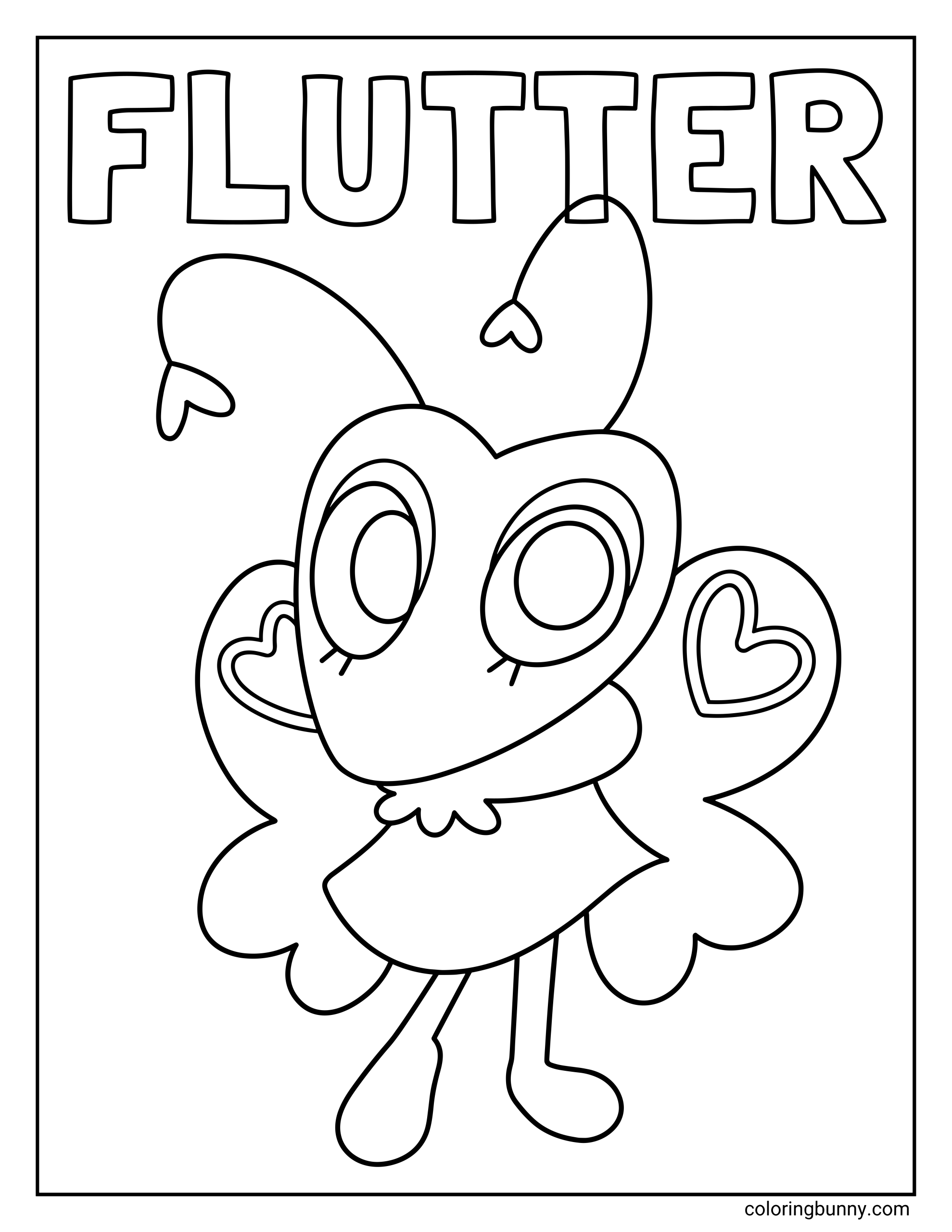 Dandy’s World Flutter coloring page featuring Flutter in a centered full-length pose, with oversized butterfly wings, heart details inside the wings, large oval eyes, antenna-like head shapes, a fluffy collar detail, and long simple legs.