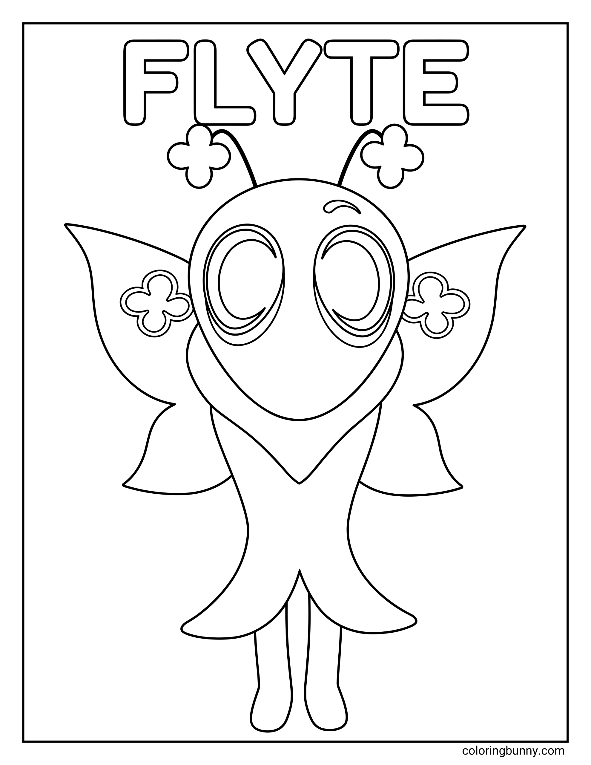 Dandy’s World Flyte coloring page featuring Flyte in a centered full-length pose, with wide butterfly-like wings, clover details on the wings, large oval eyes, antenna-like head tips, a flowing dress-like body, and long slim legs.