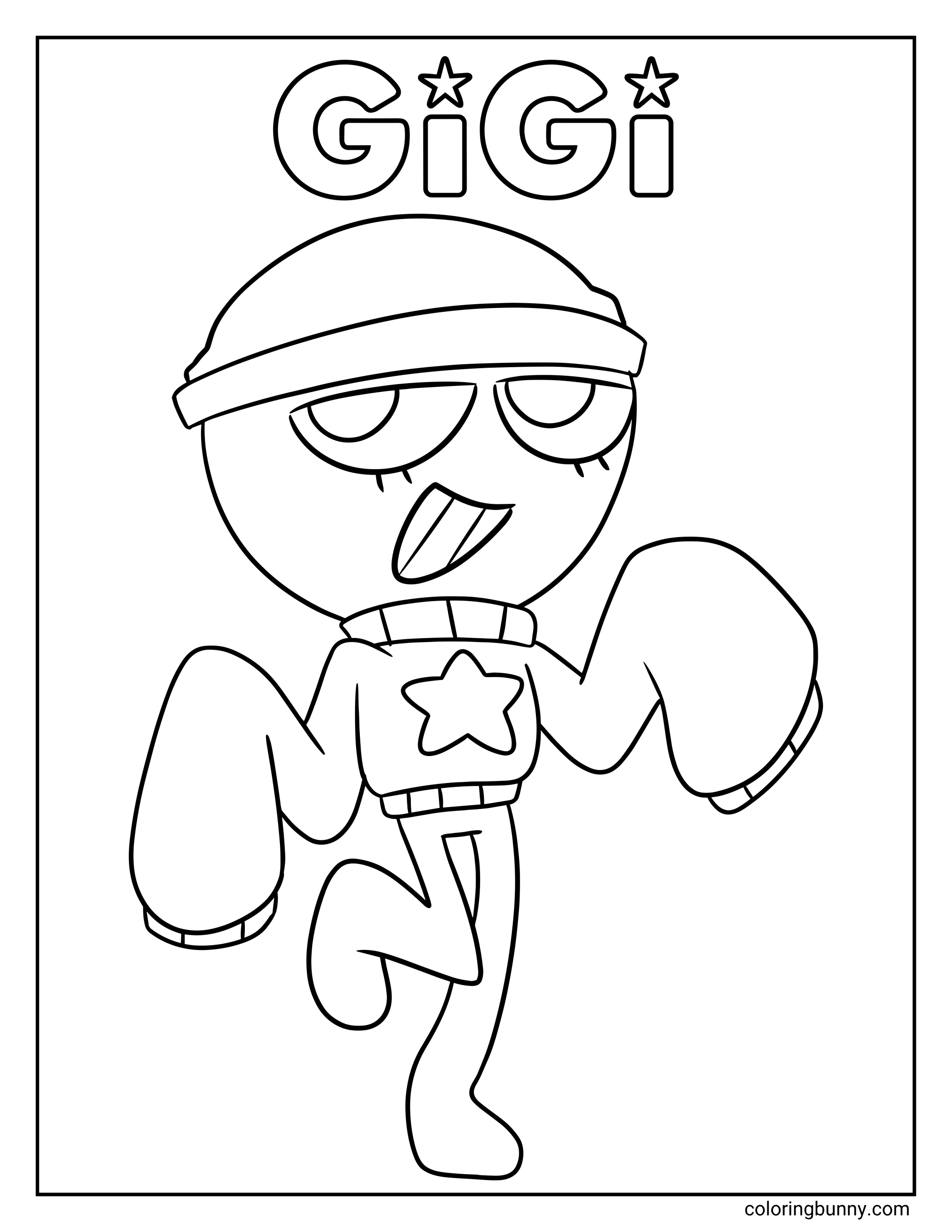 A coloring page of Gigi from Dandy’s World in a lively full-body pose, with a beanie hat, half-lidded eyes, a playful grin, oversized sleeves, a sweater with a star on the front, and one leg lifted beneath the name “GiGi” at the top.