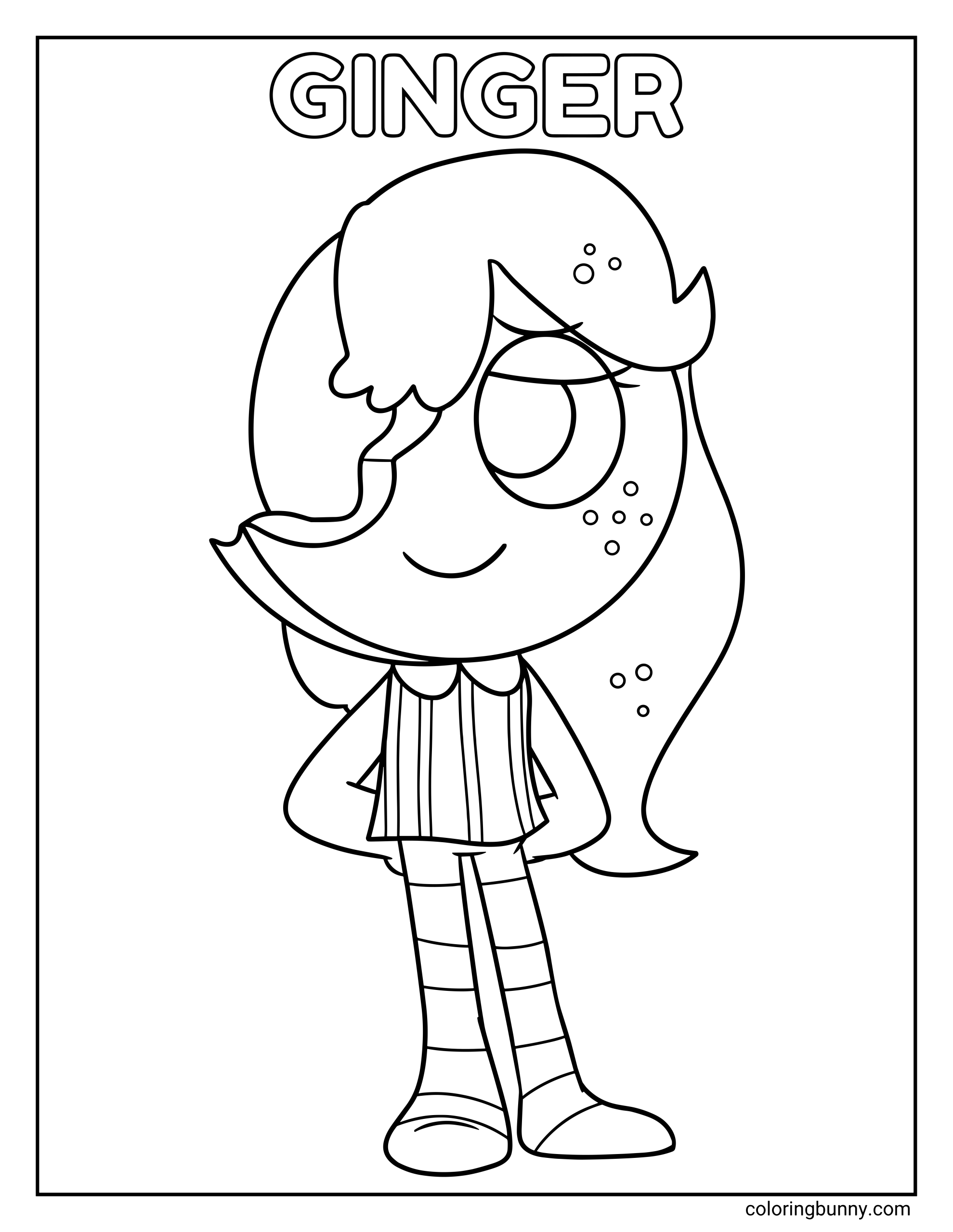 A kids coloring page of Ginger from Dandy’s World, shown standing with one leg crossed in front, long side-swept hair, a wink-like one-eye look, freckles, striped socks, and a clean easy-to-color layout.