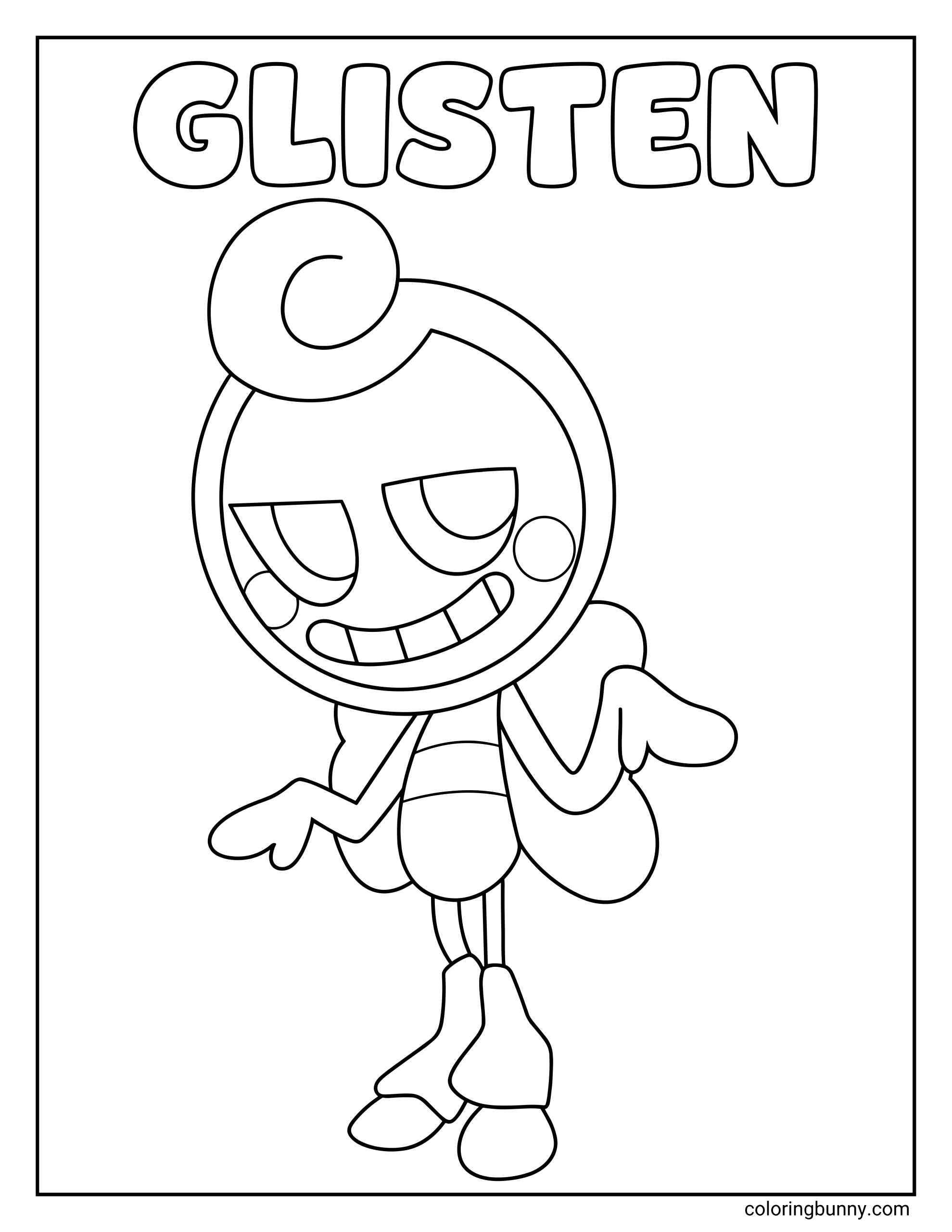 Dandy’s World Glisten coloring page featuring Glisten in a centered full-length pose, with a circular face, curled swirl on top, half-lidded eyes, rosy cheek circles, a wide smile, long curved arms, thin legs, and simple boots.