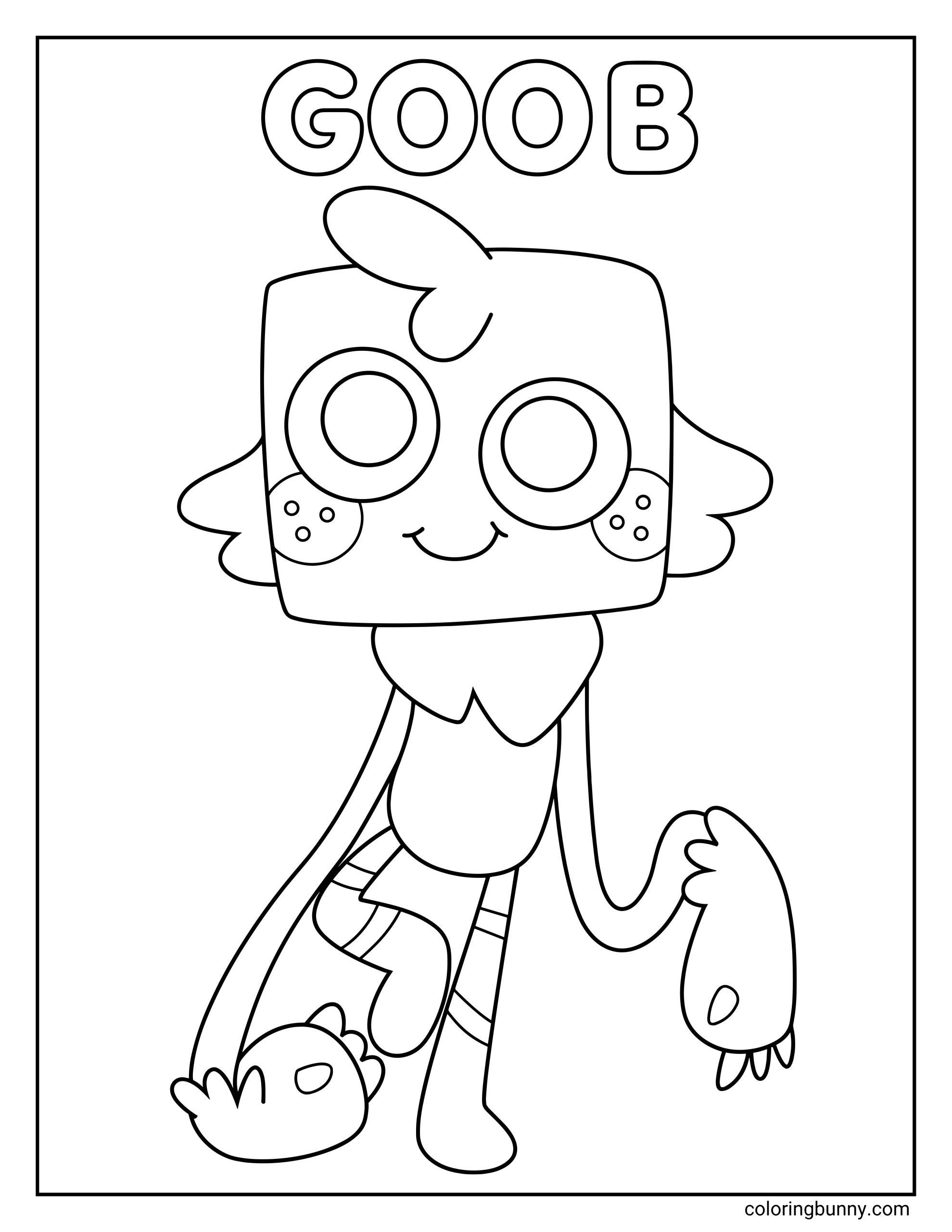 Dandy’s World Goob coloring page featuring Goob in a centered full-length pose, with a square head, large round eyes, spotted cheeks, a tiny smile, striped legs, extra-long floppy arms, and oversized mitten-like hands.