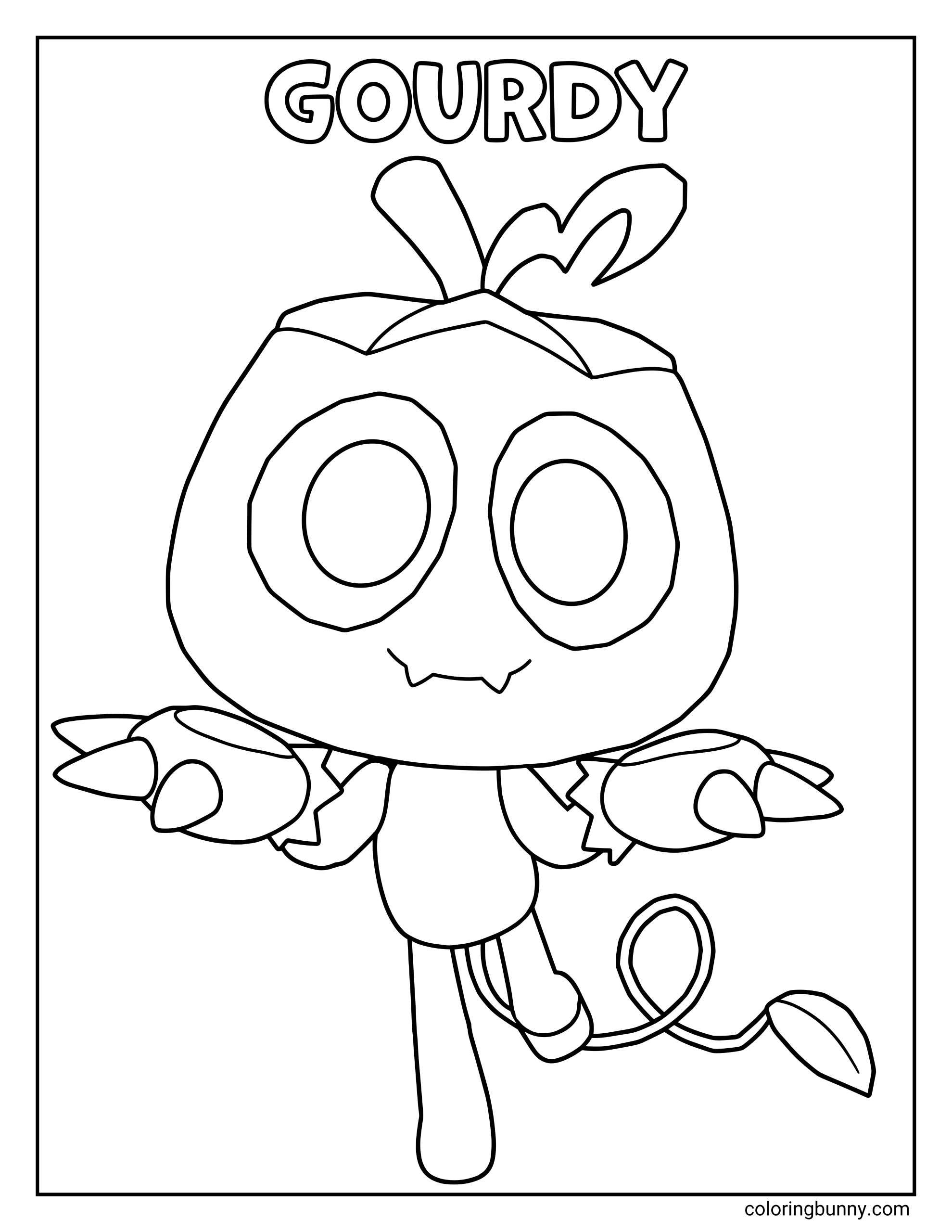 Dandy’s World Gourdy coloring page featuring Gourdy in a centered full-length pose, with a pumpkin-shaped head, large round eyes, a tiny jagged smile, stem and leaf details on top, claw-like hands, and a long curling vine tail.