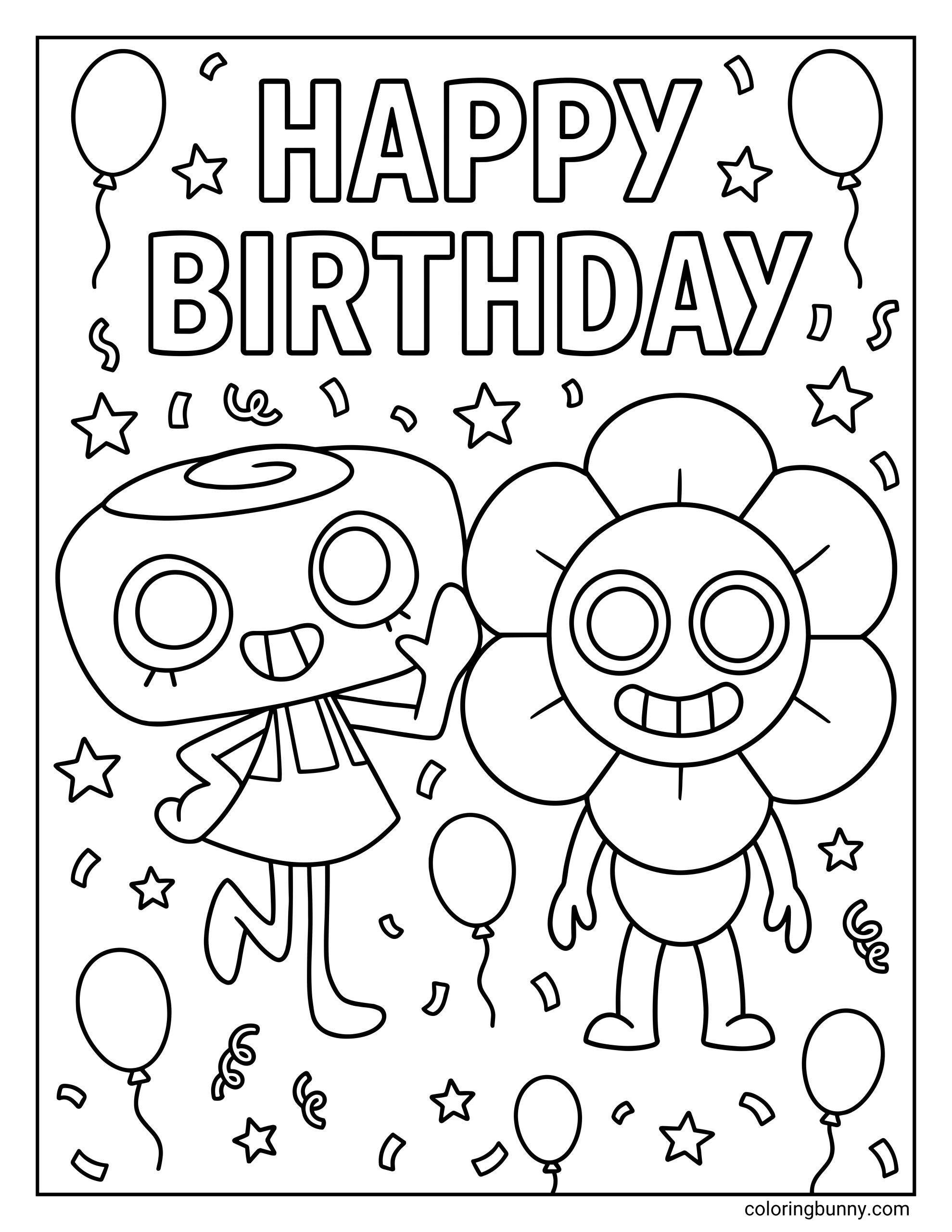 Dandy’s World Happy Birthday coloring page featuring bold “Happy Birthday” text, two Dandy’s World characters in the center, and a full-page party background of balloons, stars, streamers, and confetti.