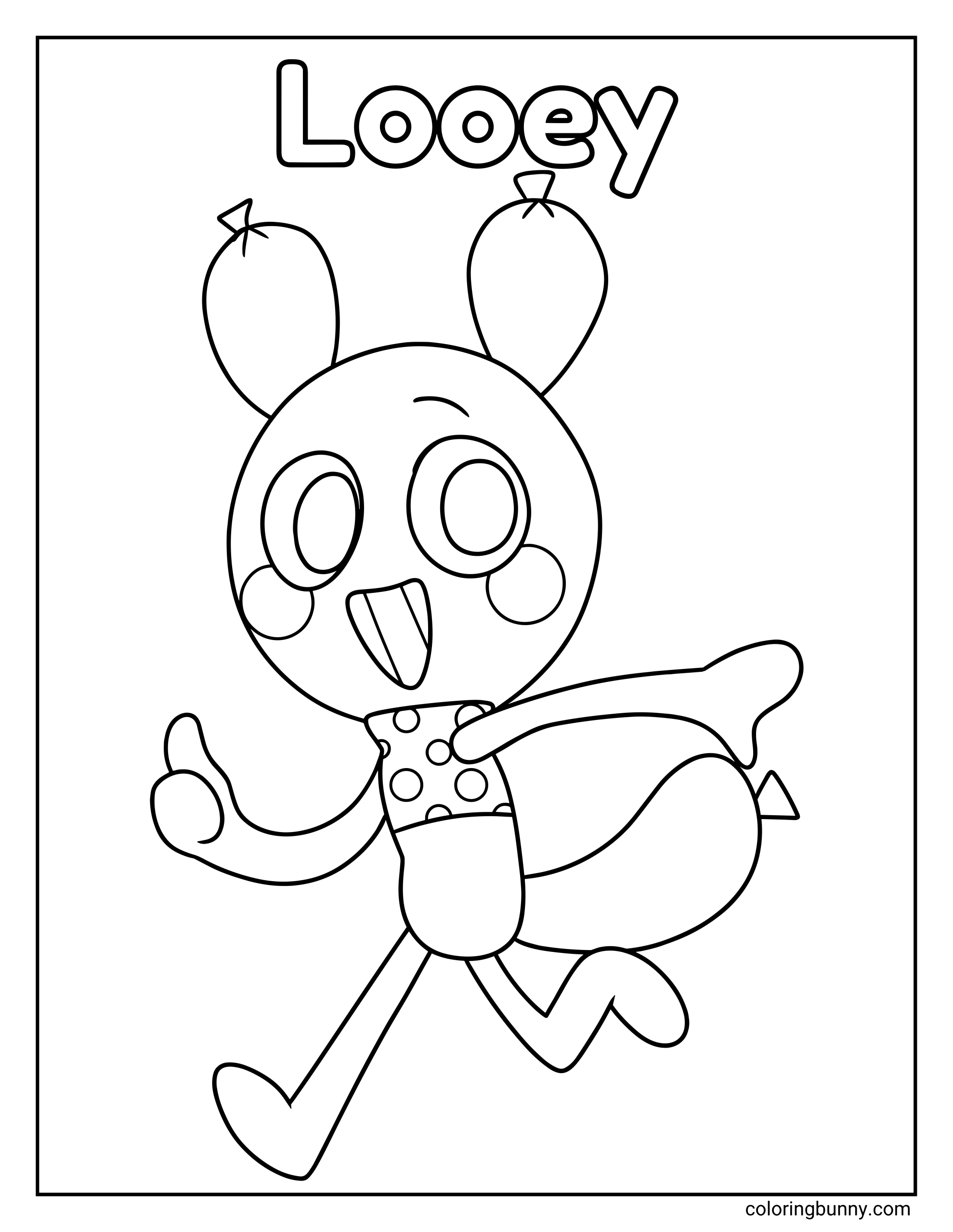 A coloring page of Looey from Dandy’s World in a playful full-body pose, with a round face, rosy cheeks, an open happy mouth, balloon-like ear shapes, a polka dot outfit, and one leg kicked up beneath the name “Looey” at the top.