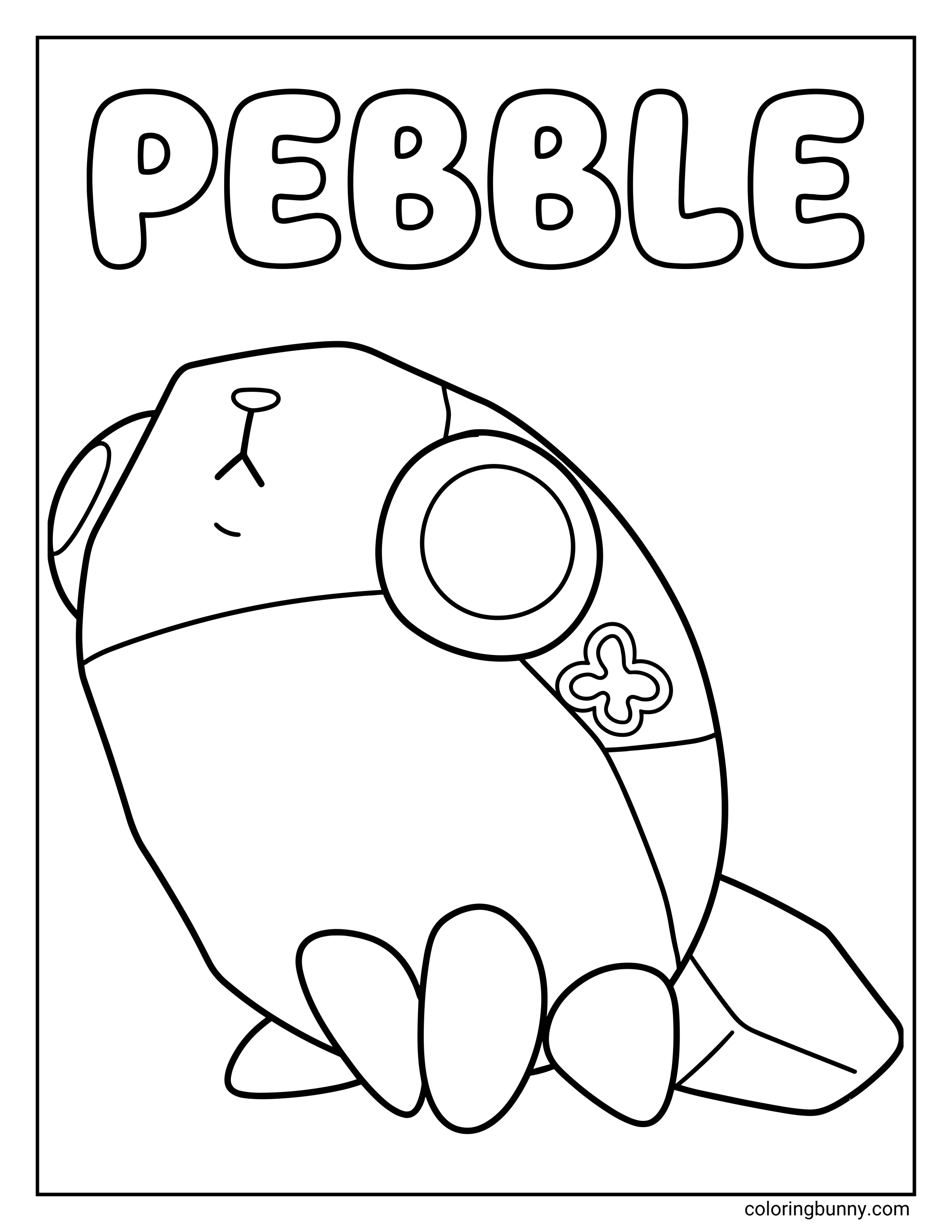 Dandy’s World Pebble coloring page featuring Pebble in a centered sitting pose, with a rounded rock-like body, one large circular eye detail, tiny front paws, a small sleepy mouth, and a tail extending behind the character.