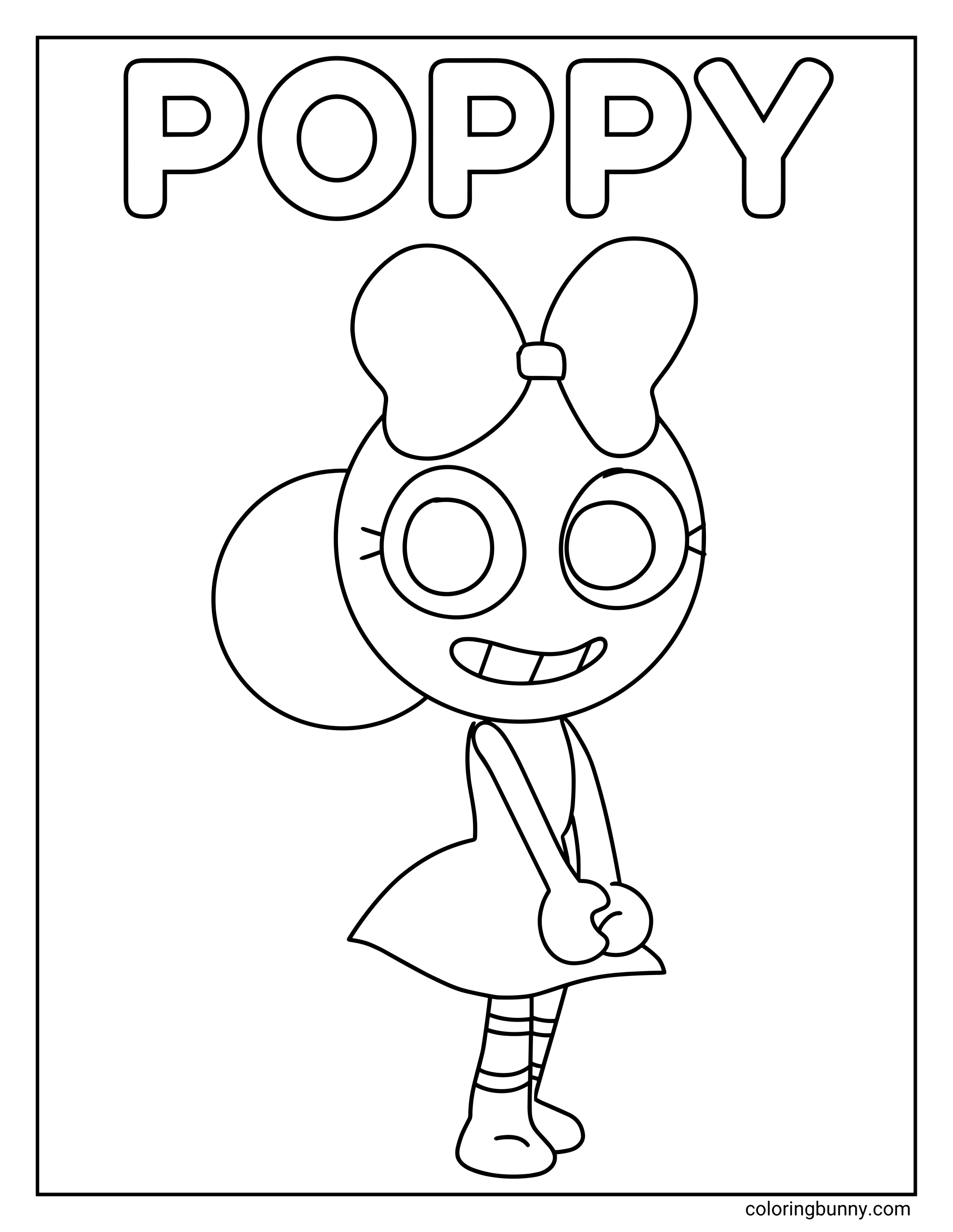 An easy coloring page of Poppy from Dandy’s World in a full-body character portrait, with a large bow, puffball hair, big eyes, a smiling face, a dress, striped socks, and bold black outlines against a plain background.